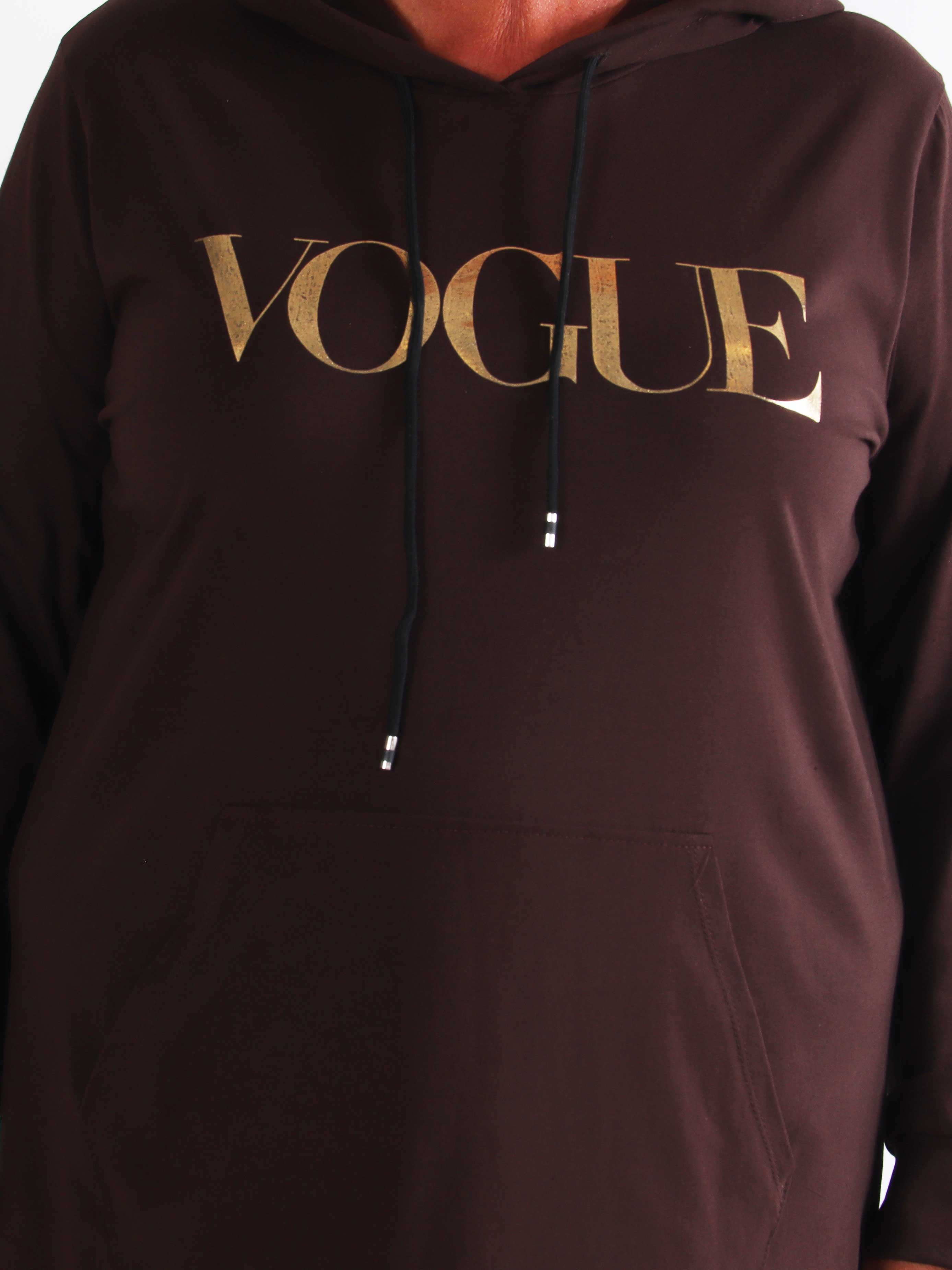 Violet - Lang og comfy hoodiekjole i blød bomuld med VOGUE i flot guldprint