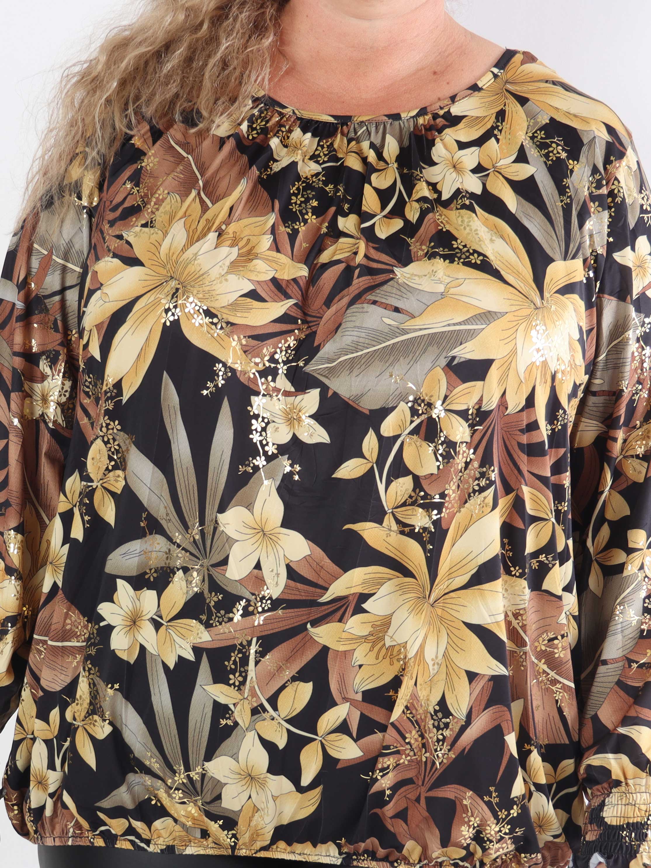 Miracle Gold Flower L/S - Blommig elastisk plus size-blus