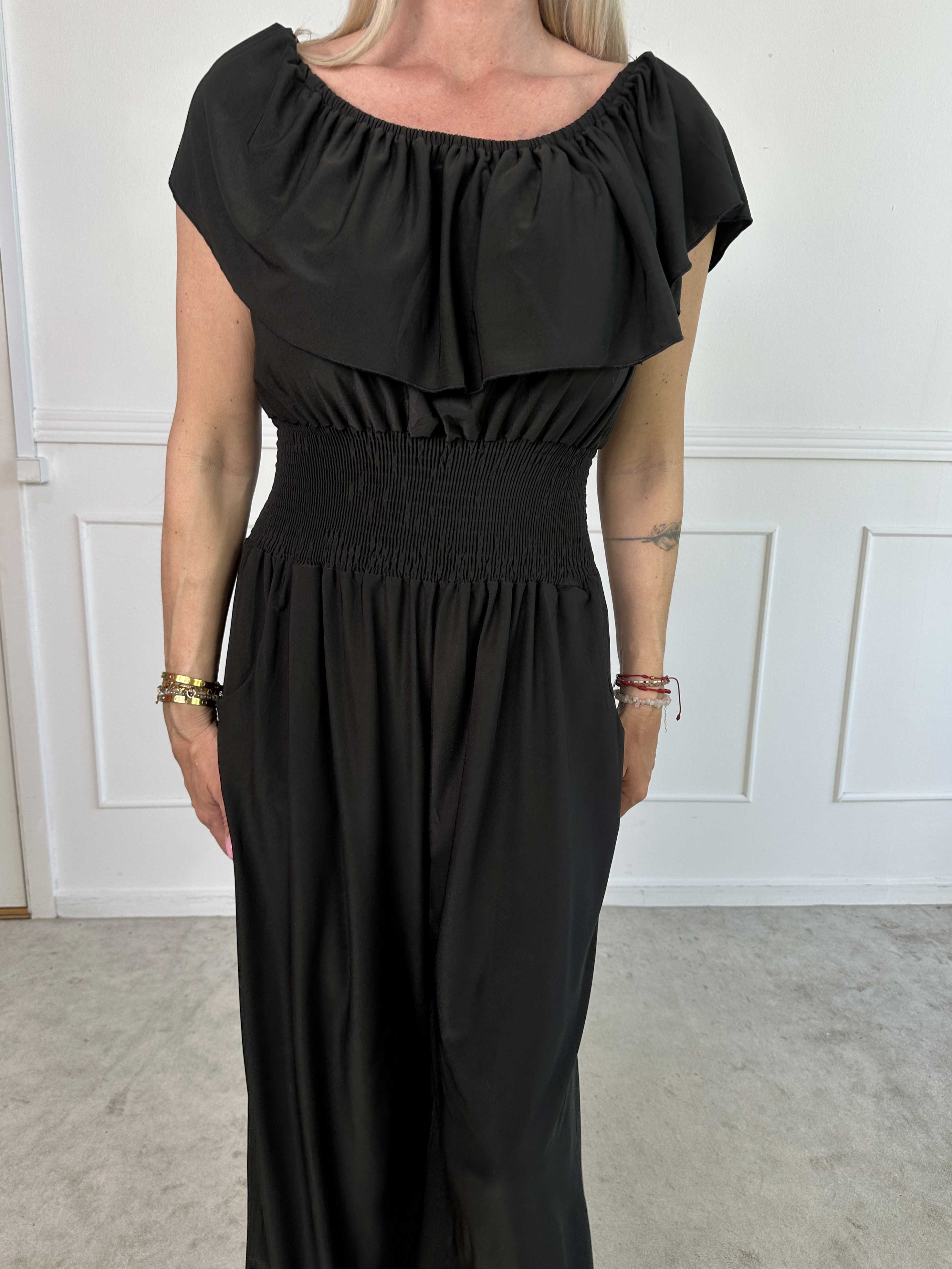 Pams Plain Frill Jumpsuit - Elastisk jumpsuit med smock och volang