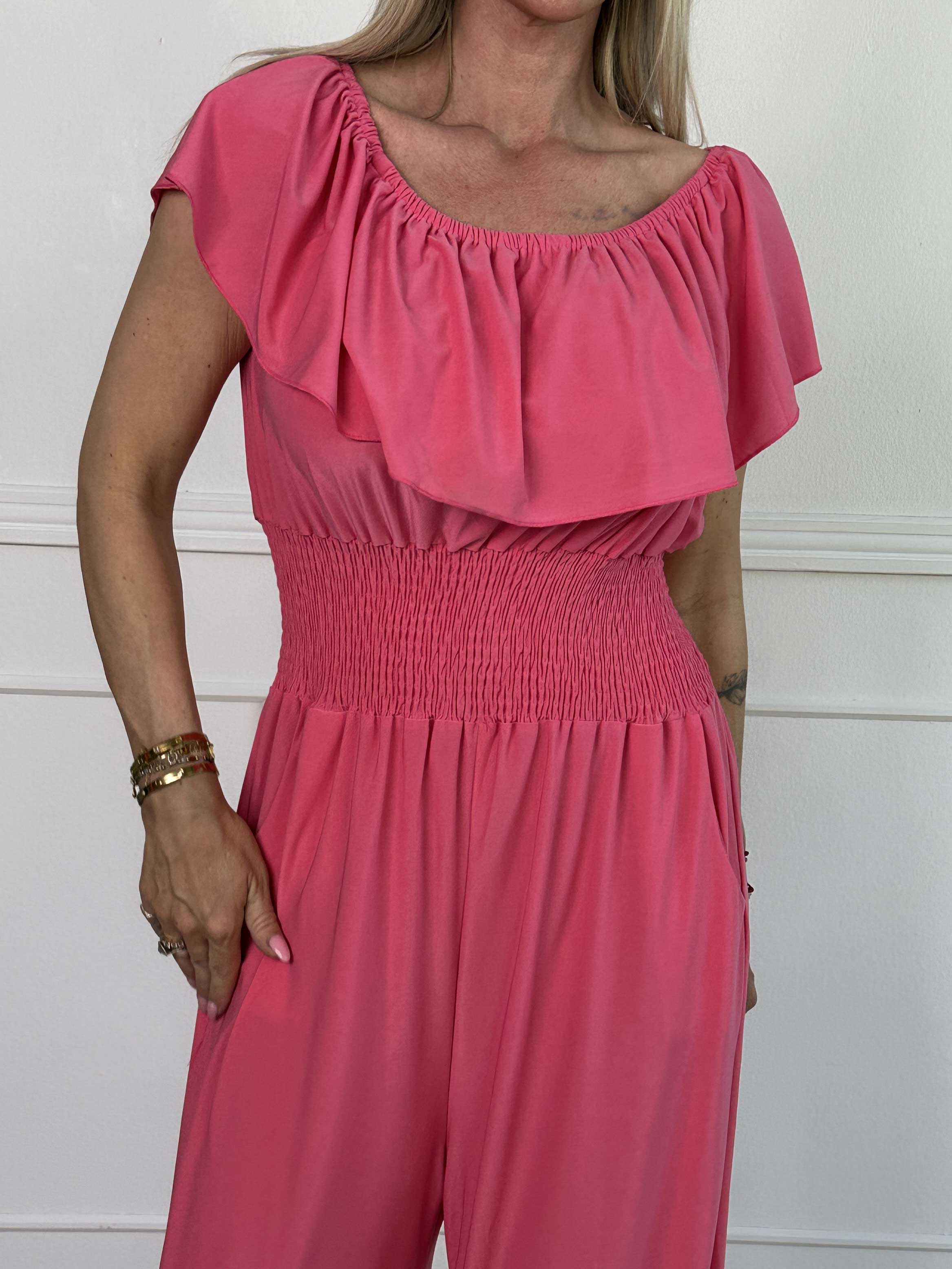 Pams Plain Frill Jumpsuit - Elastisk jumpsuit med smock och volang
