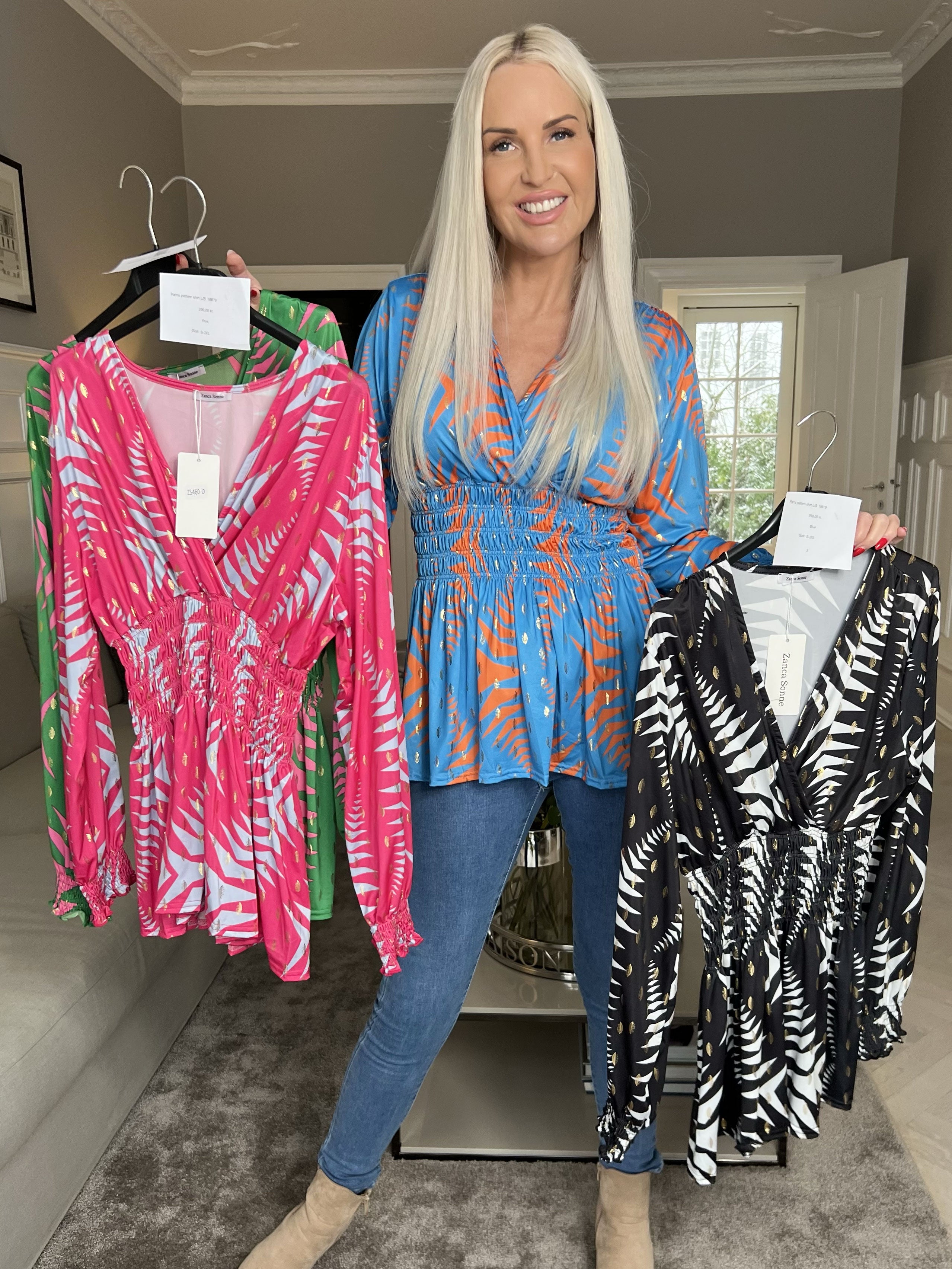Pams Pattern Shirt L/S - Elastisk blus i skrynkelfritt tyg med långa ärmar