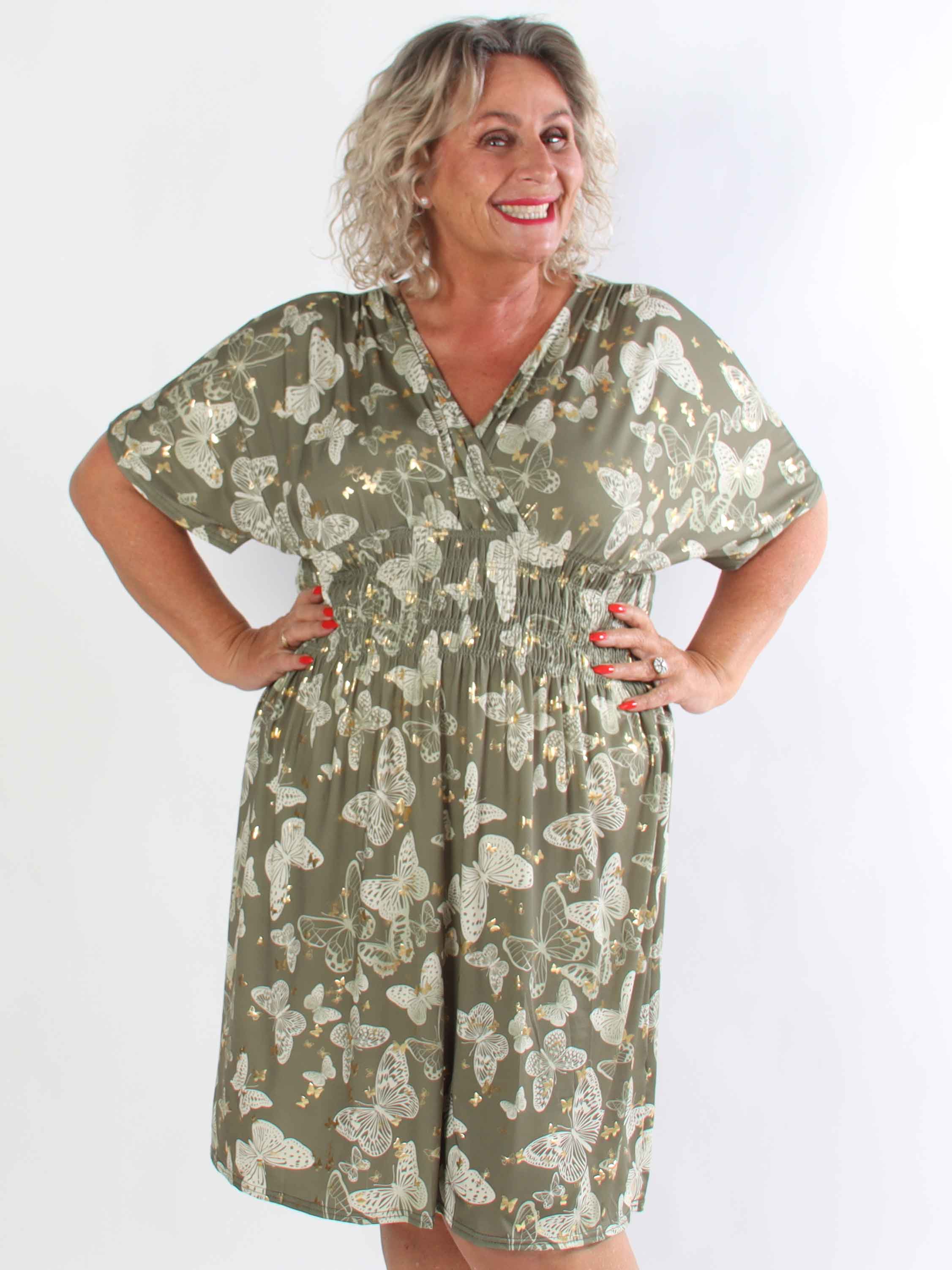 Pams Butterfly Short - Elastisk plus size klänning med fjärilstryck