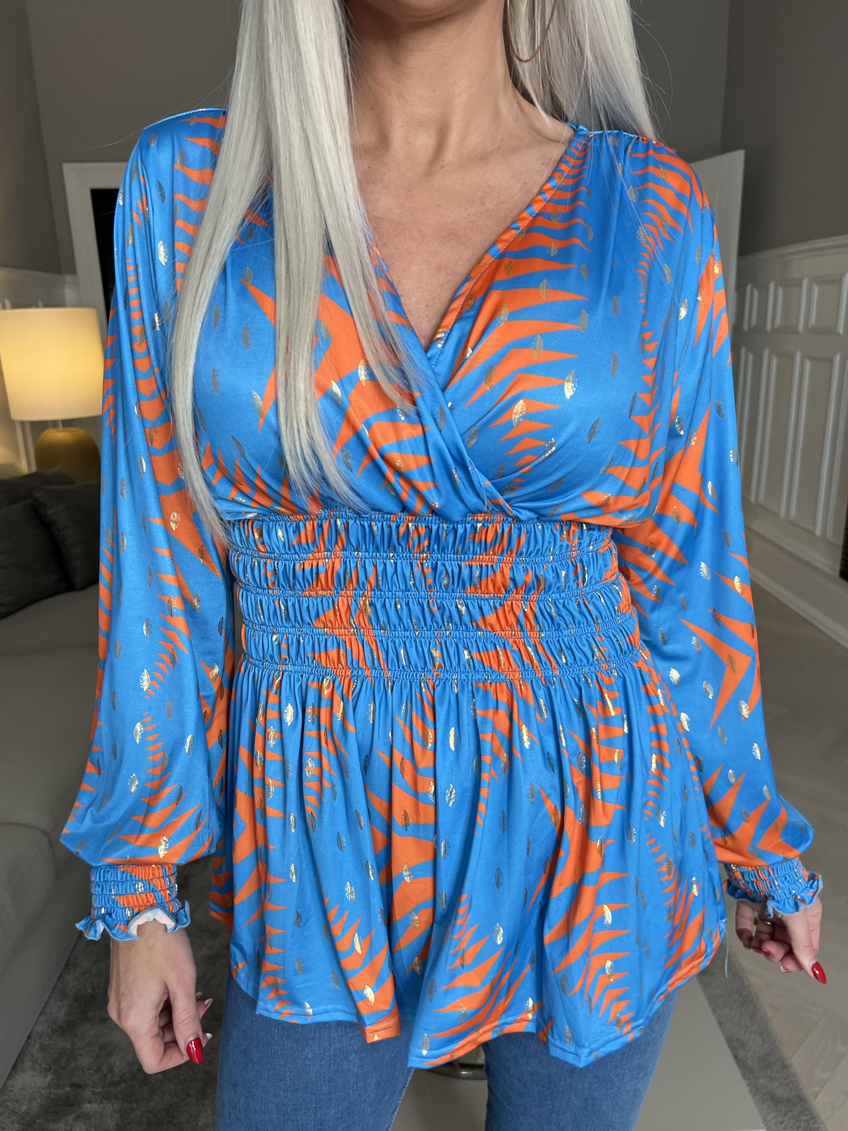 Pams Pattern Shirt L/S - Elastisk blus i skrynkelfritt tyg med långa ärmar