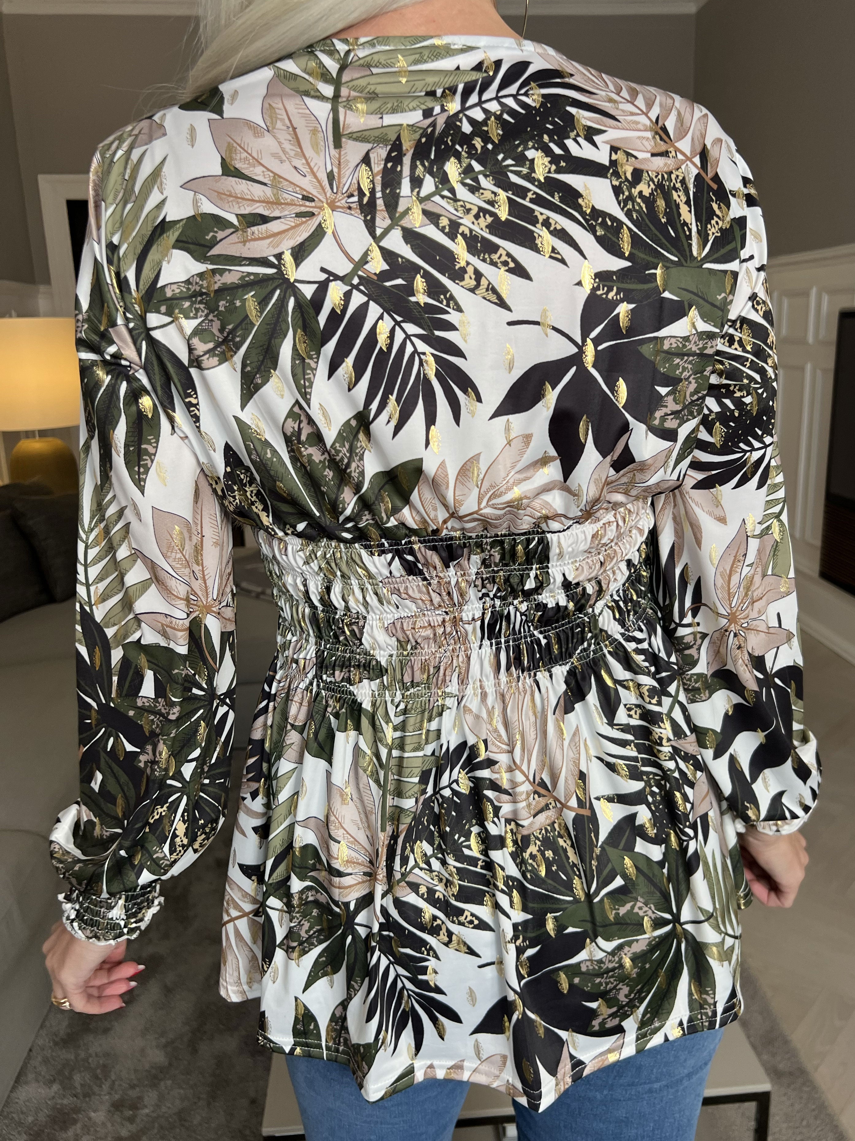 Pams Leaf Shirt L/S - Elastisk blus i skrynkelfritt tyg med långa ärmar
