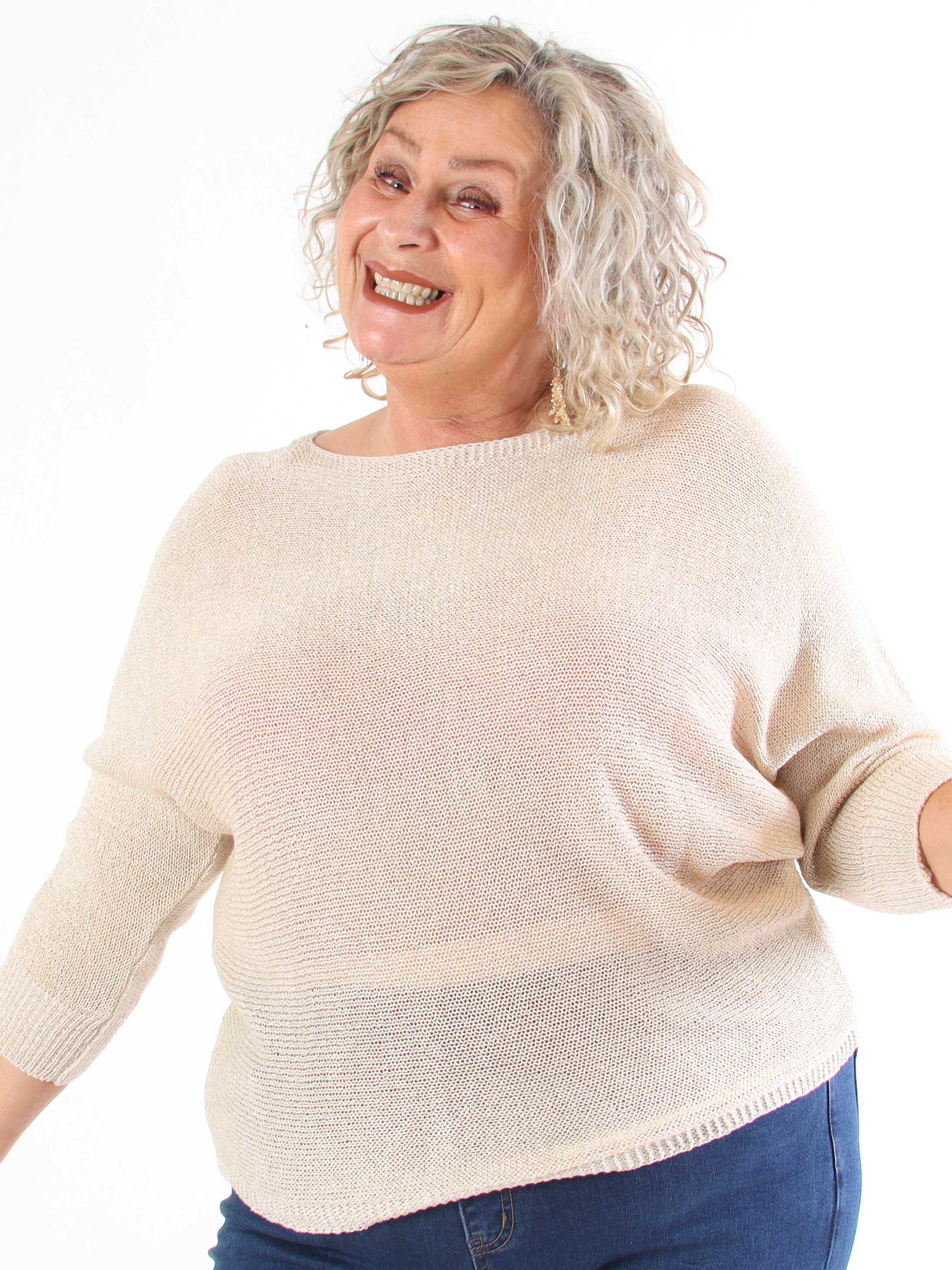 Paulina - Stickad blus i plus size med glittertrådar och rosett