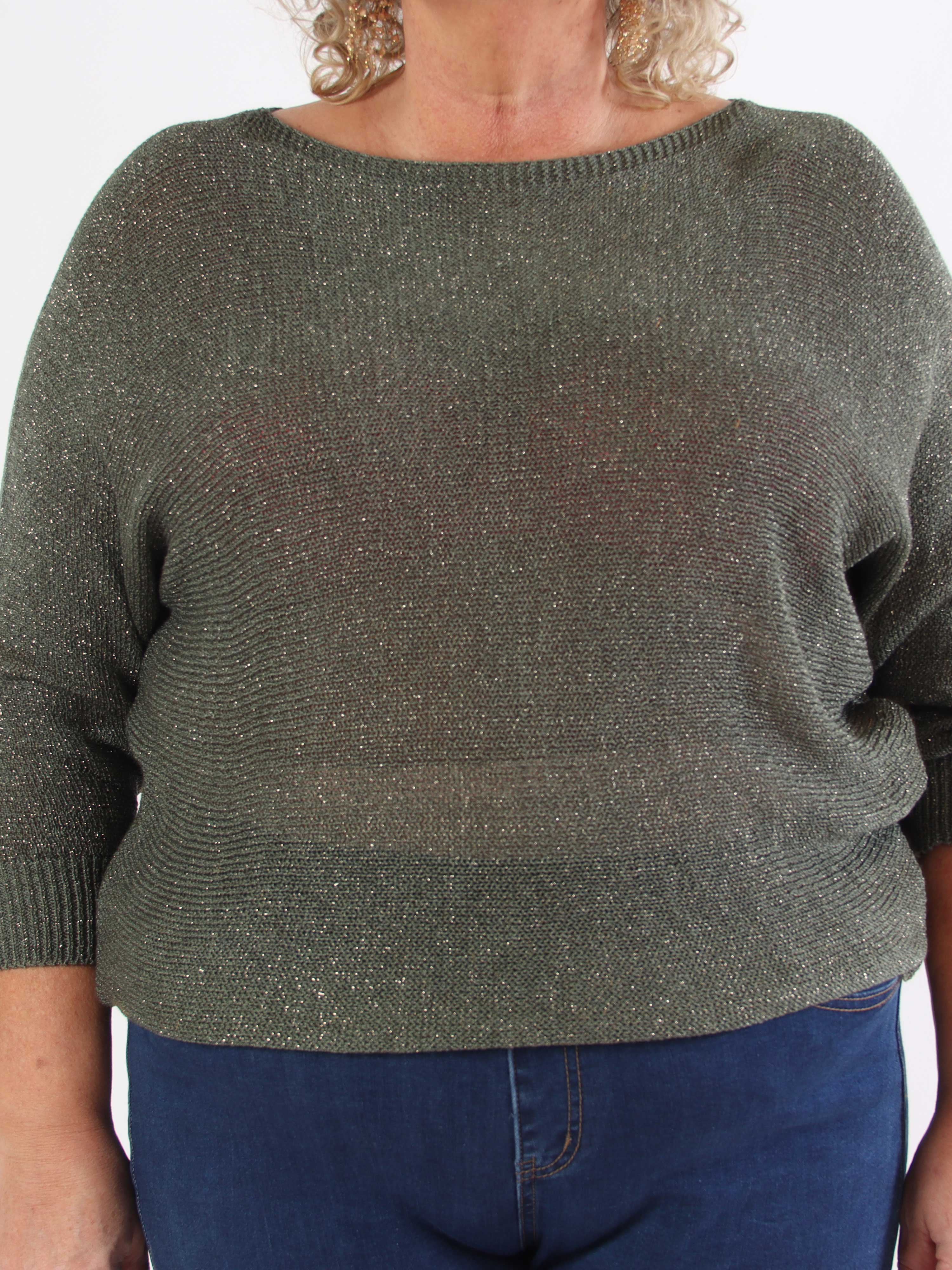 Paulina - Stickad blus i plus size med glittertrådar och rosett