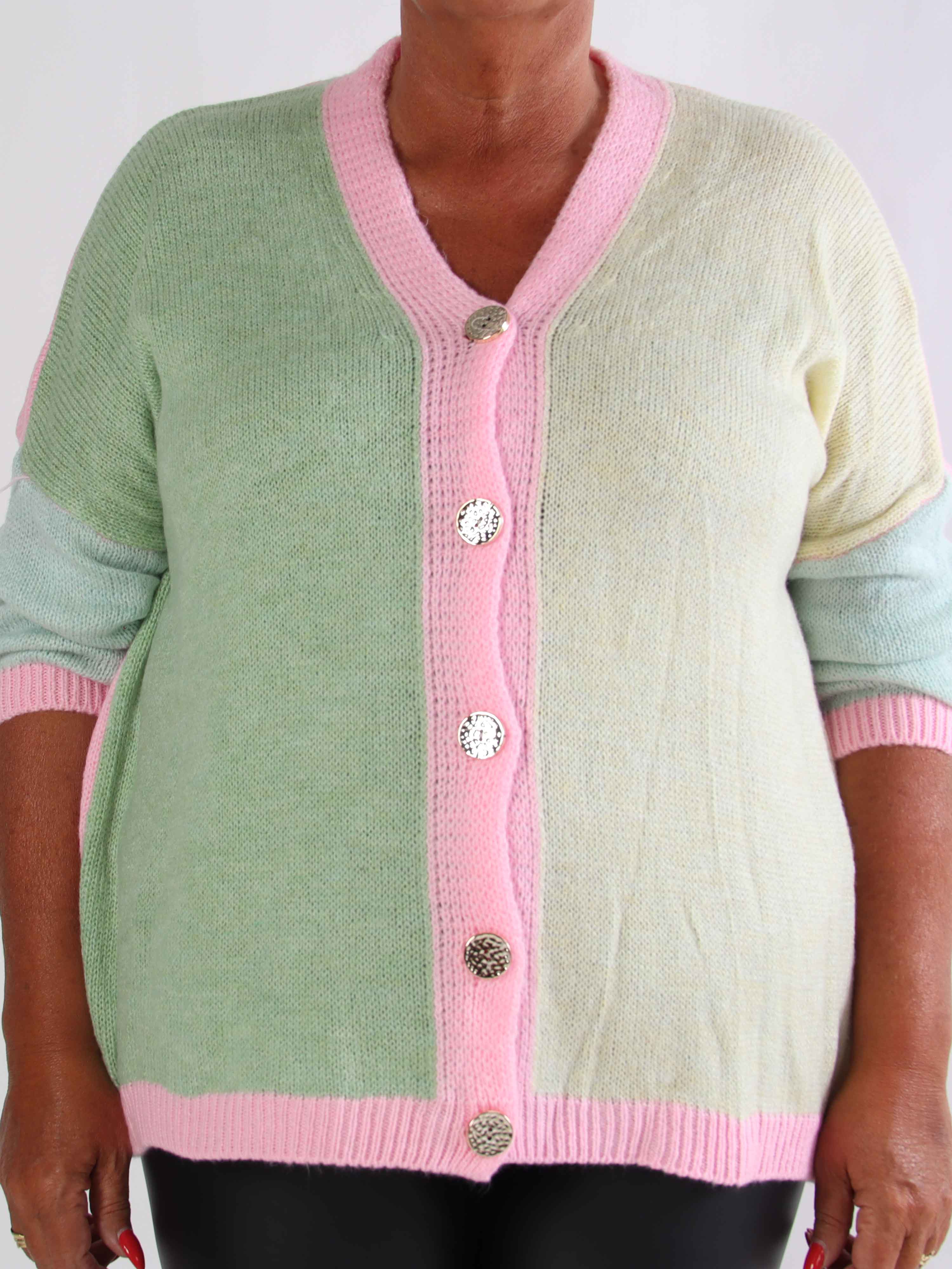 Hebe - Flerfärgad stickad kofta i plus size med guldknappar