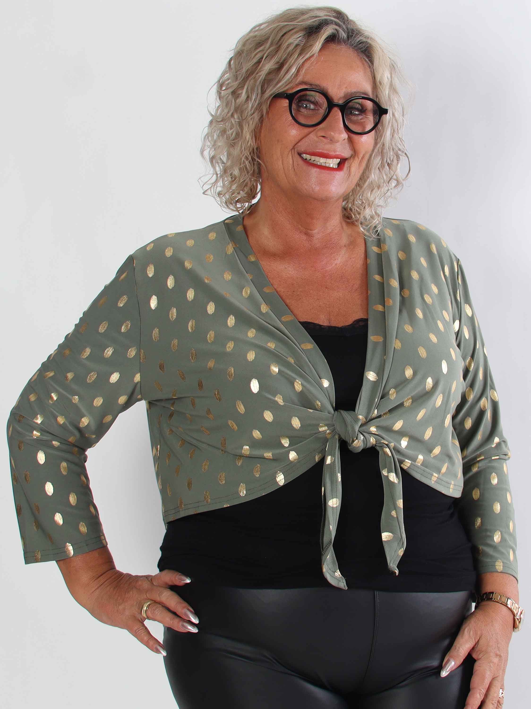 Werena Dot - Kort elastisk plus size kofta med guldfärgade prickar