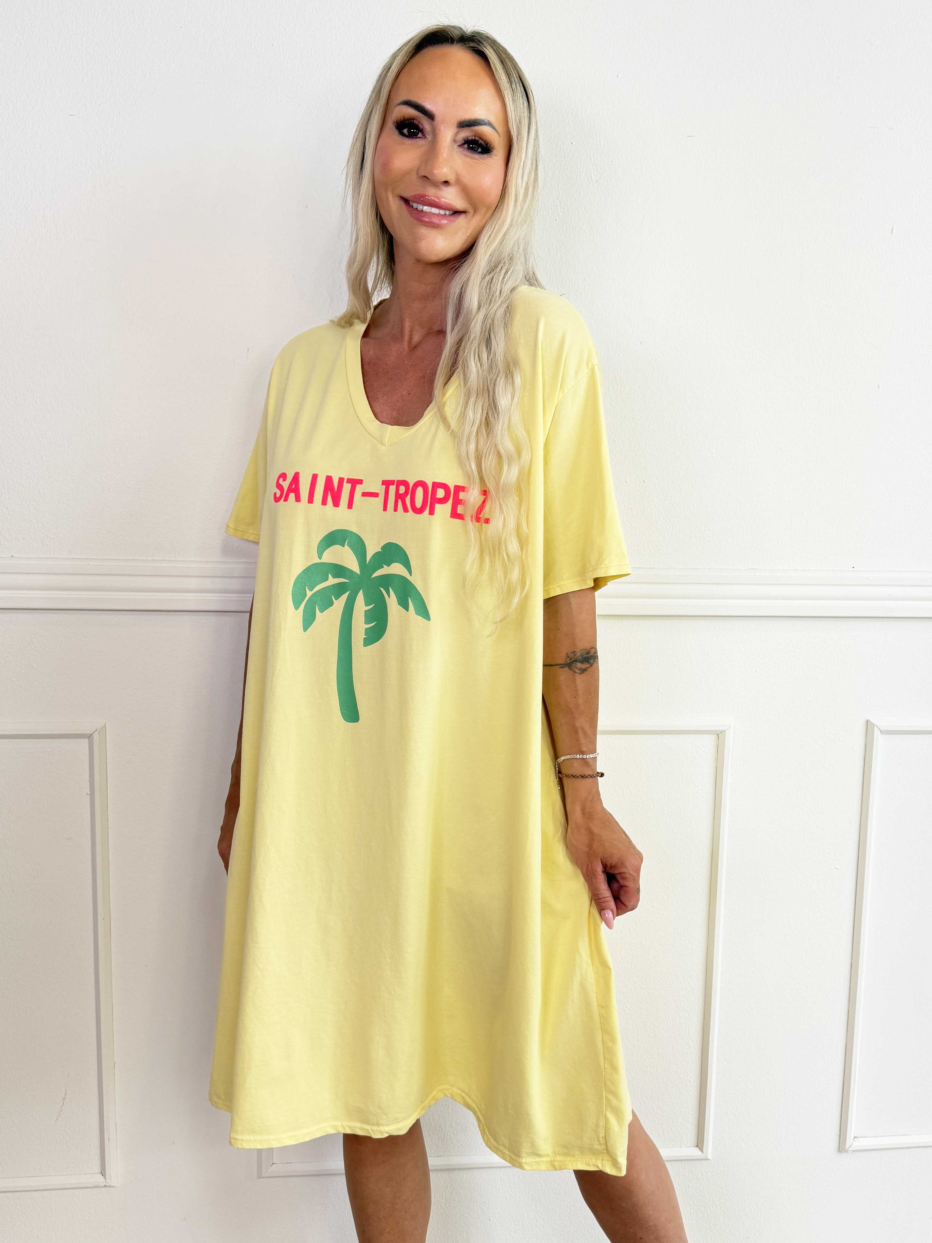 Janina - Blød t-shirtkjole i bomuld med palme på maven