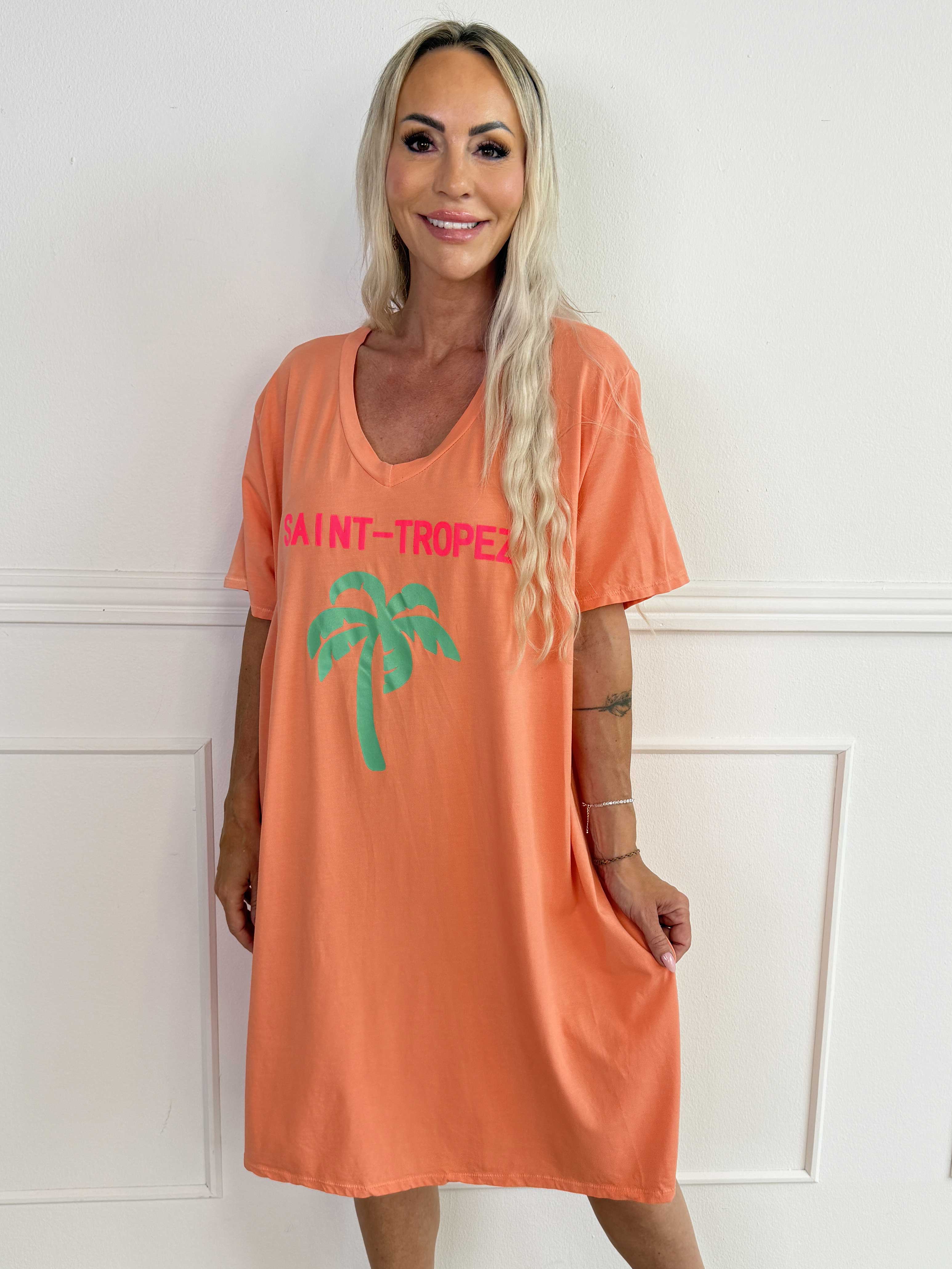 Janina - Blød t-shirtkjole i bomuld med palme på maven