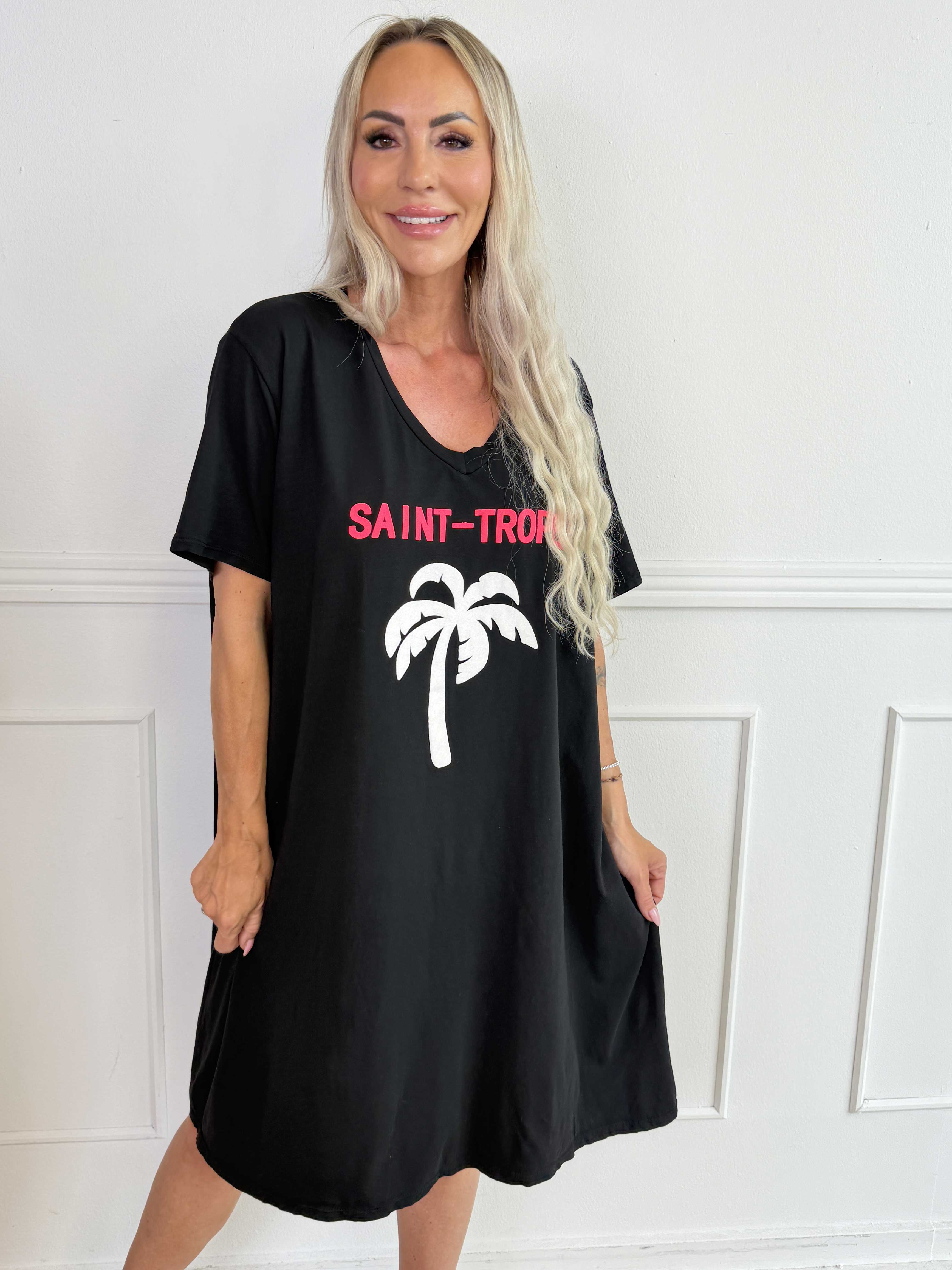 Janina - Blød t-shirtkjole i bomuld med palme på maven