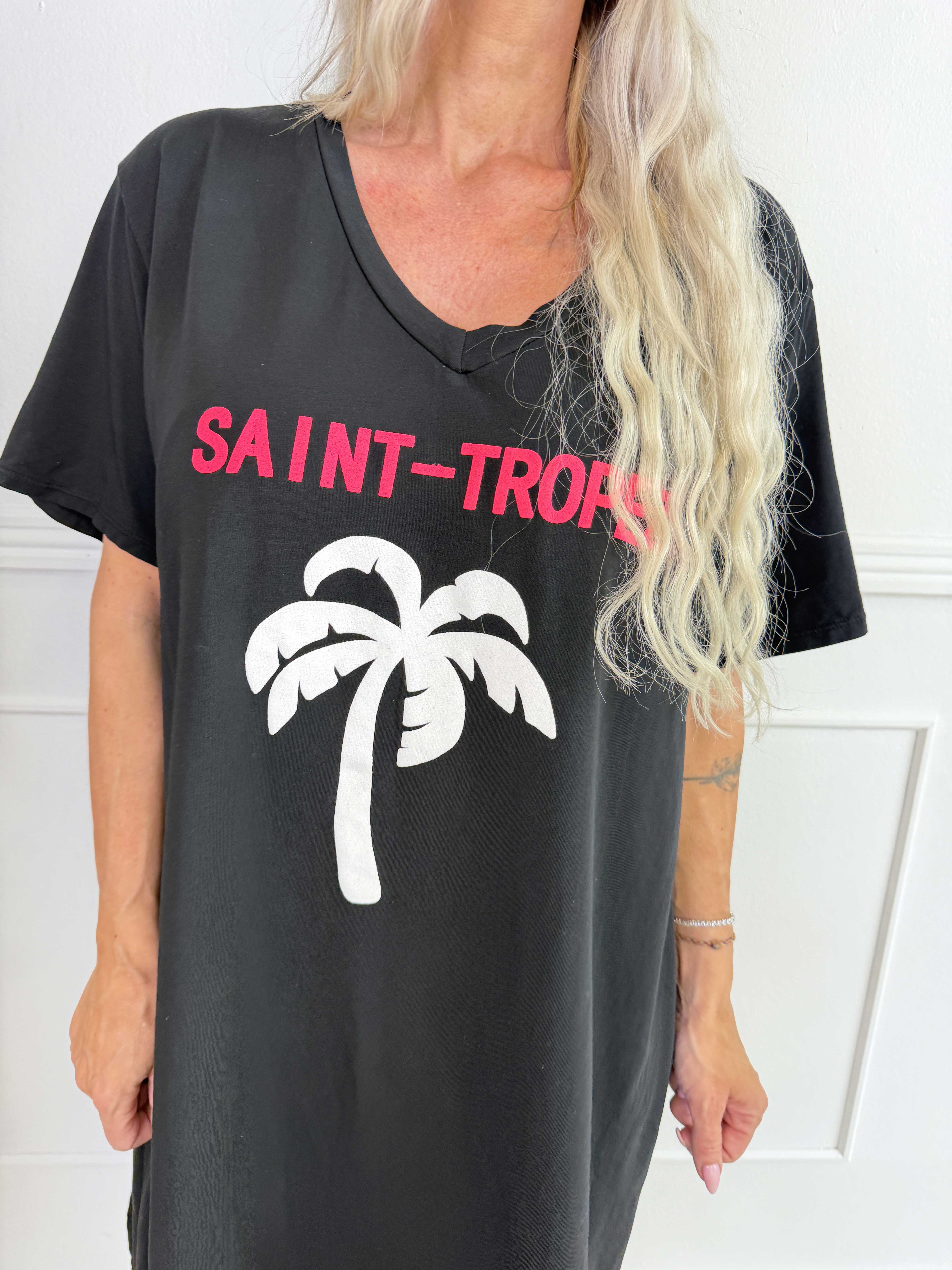Janina - Blød t-shirtkjole i bomuld med palme på maven