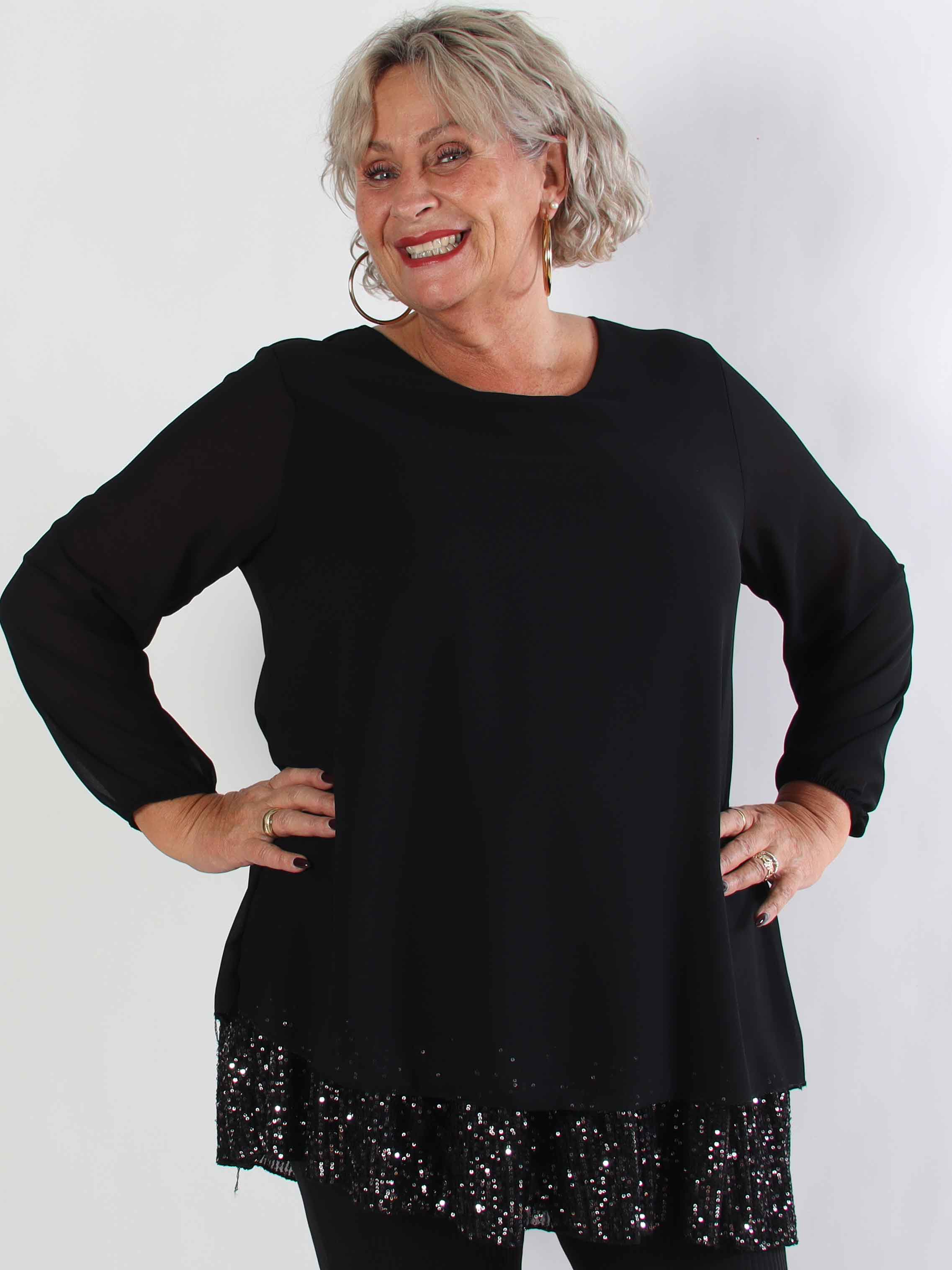Kamilla - Festredo plus size tunikaklänning med chiffonglager och paljetter
