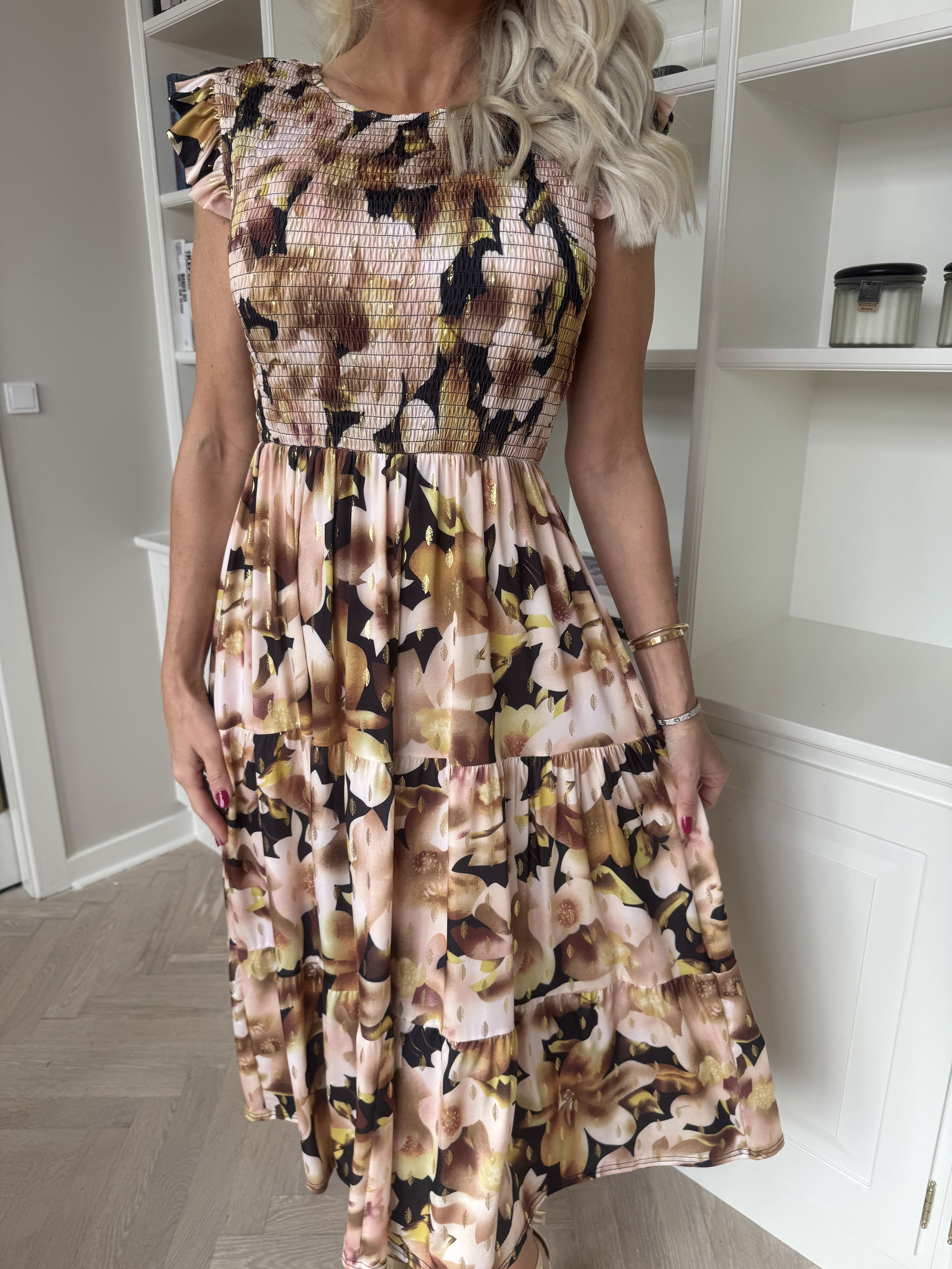 Kelly Floral Sleeveless - Blommig klänning med smockat bröst