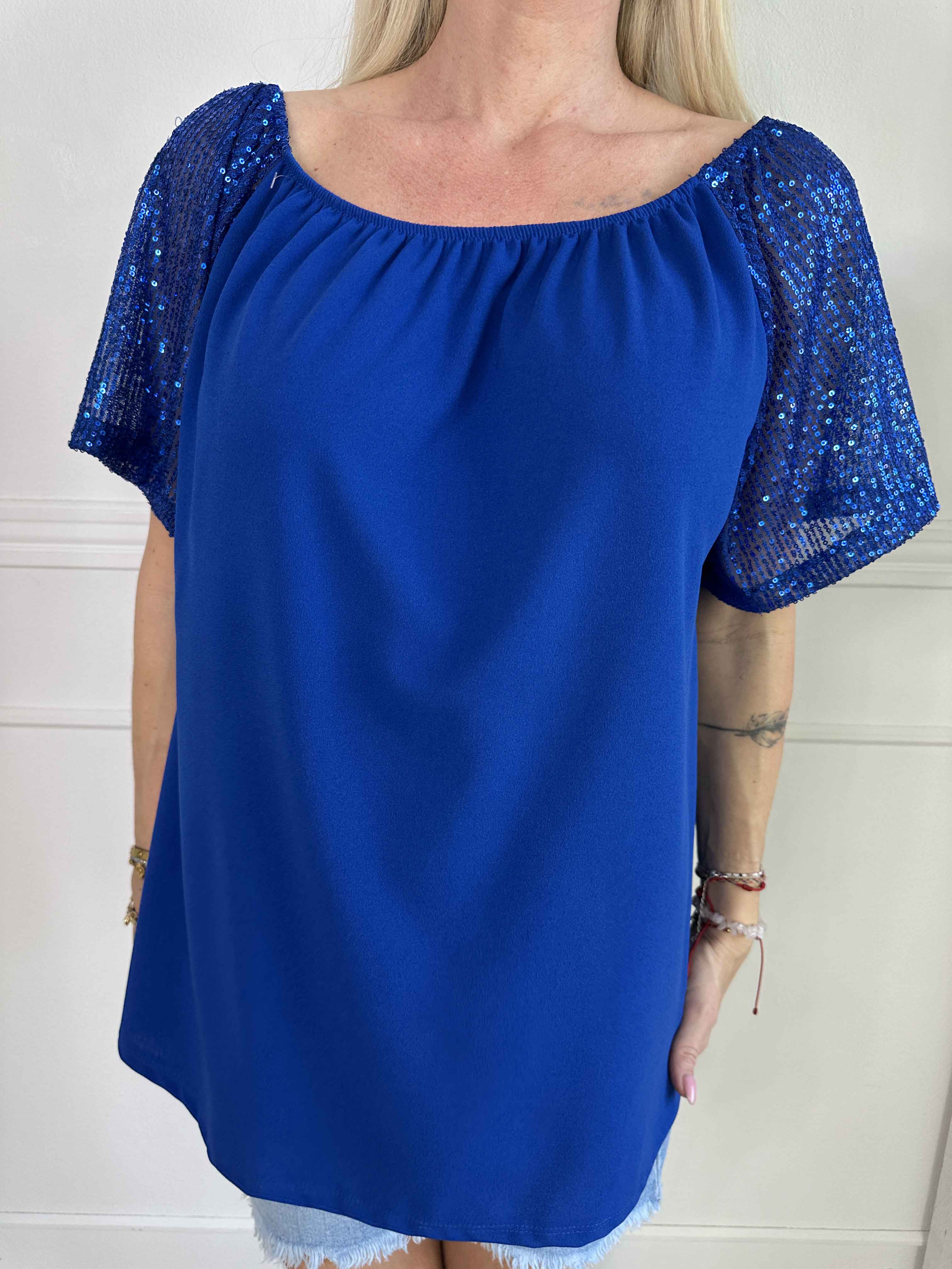 Kim Shirt - Söt och feminin blus med resår och ärmar med glittriga paljetter