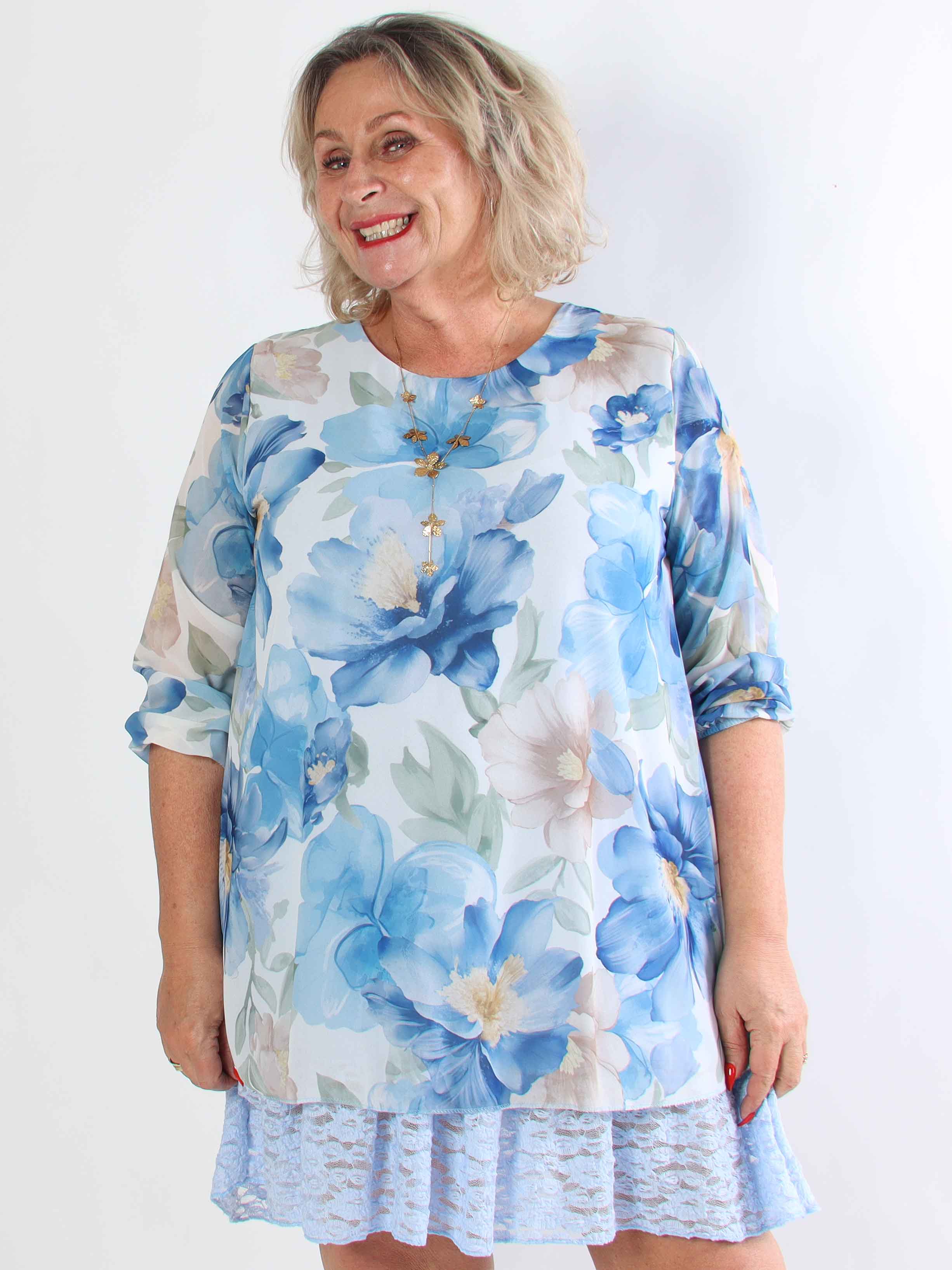 Lauren - Blommig plus size chiffongklänning med tunika och spetskant