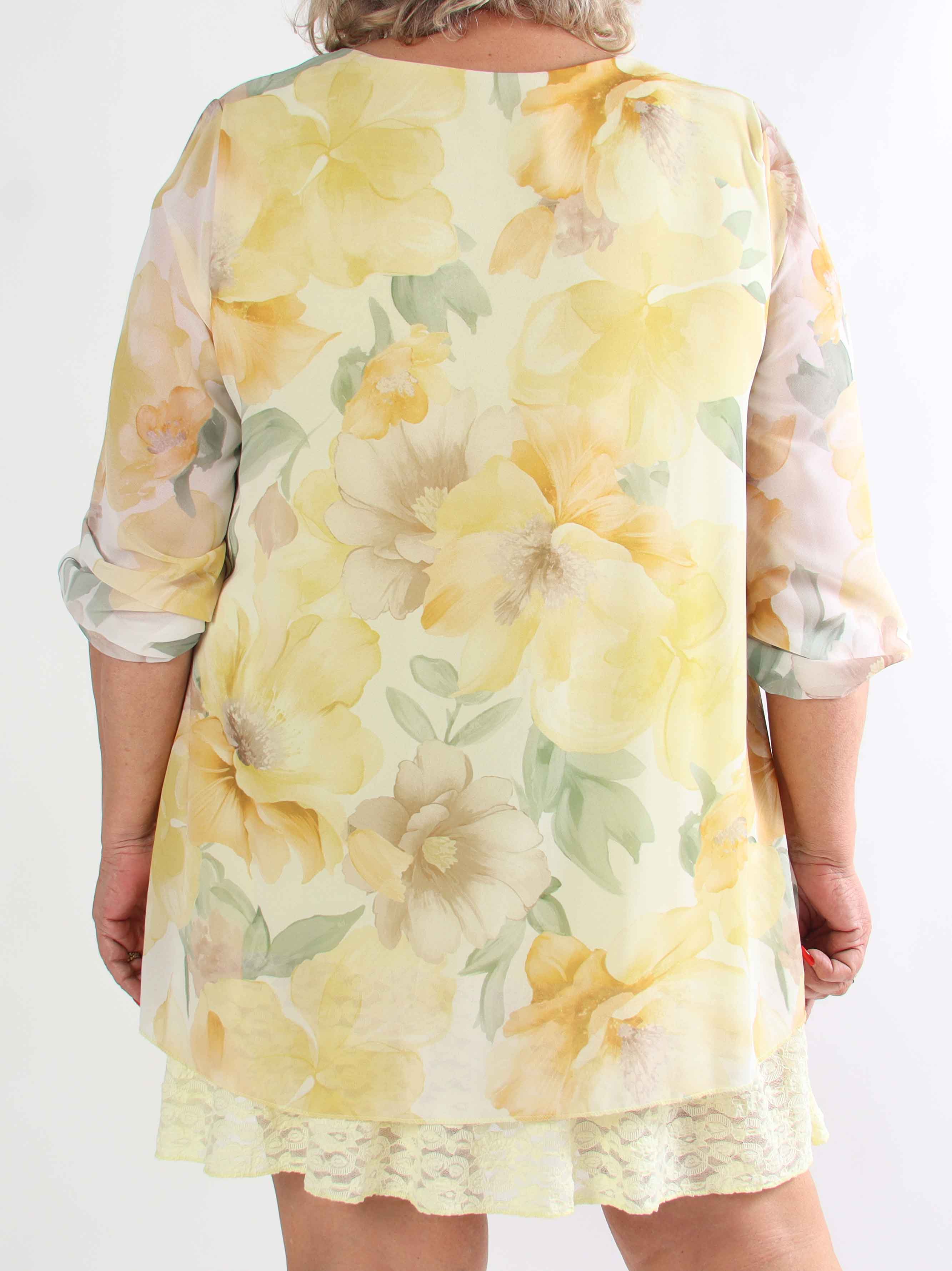 Lauren - Blommig plus size chiffongklänning med tunika och spetskant