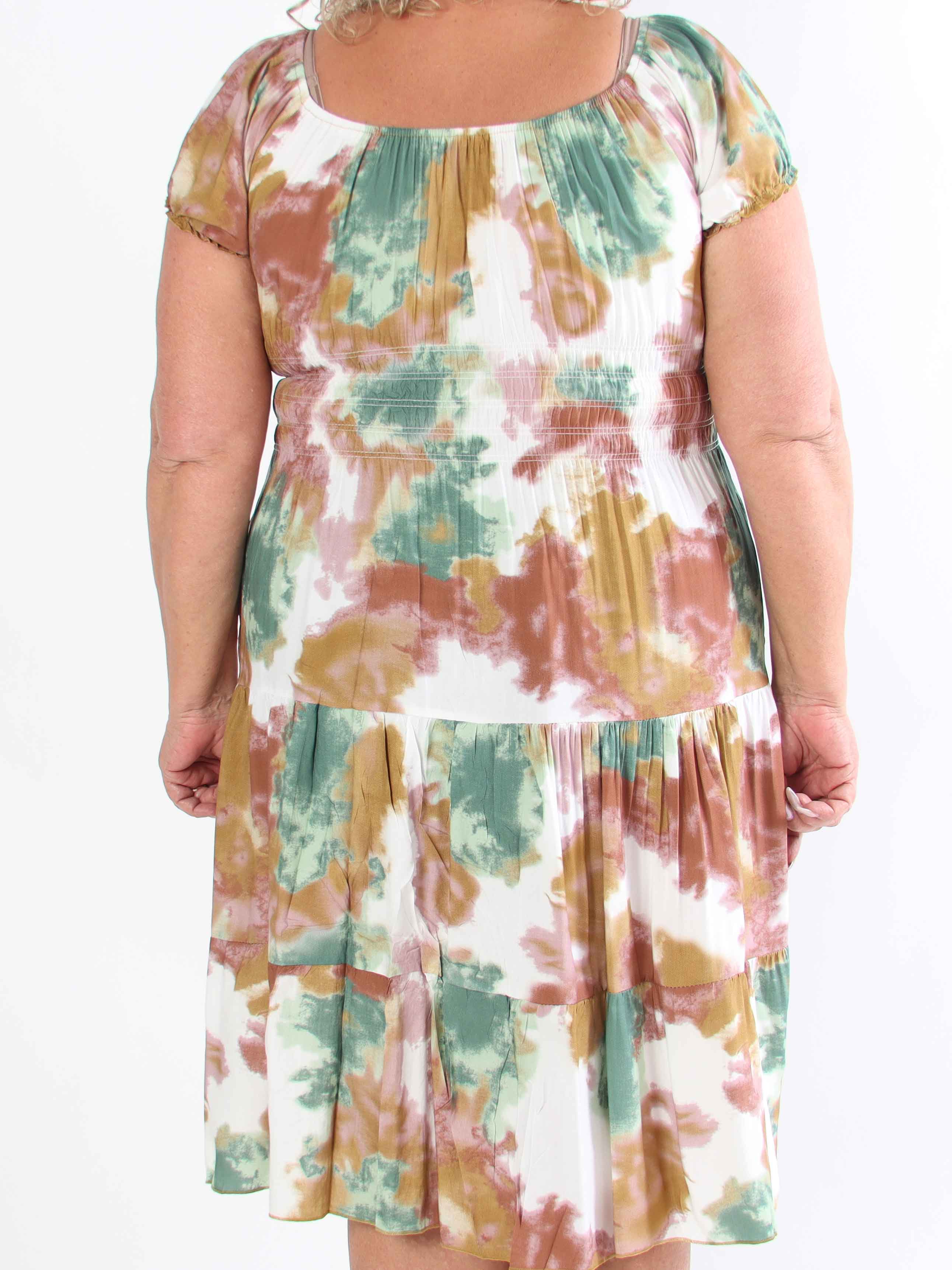Leah - Mångfärgad plus size-klänning i viskos med puffärmar och fickor