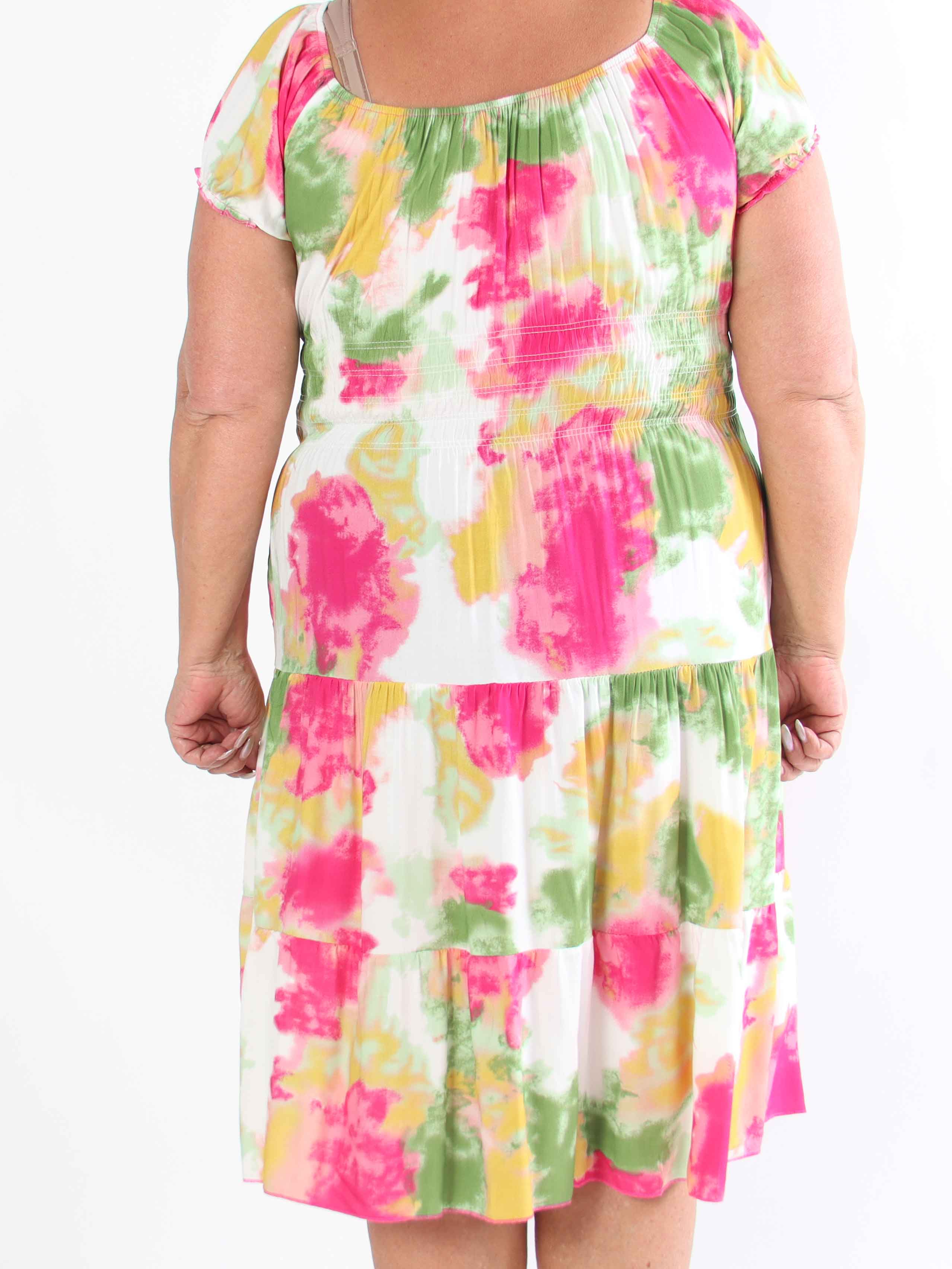 Leah - Mångfärgad plus size-klänning i viskos med puffärmar och fickor