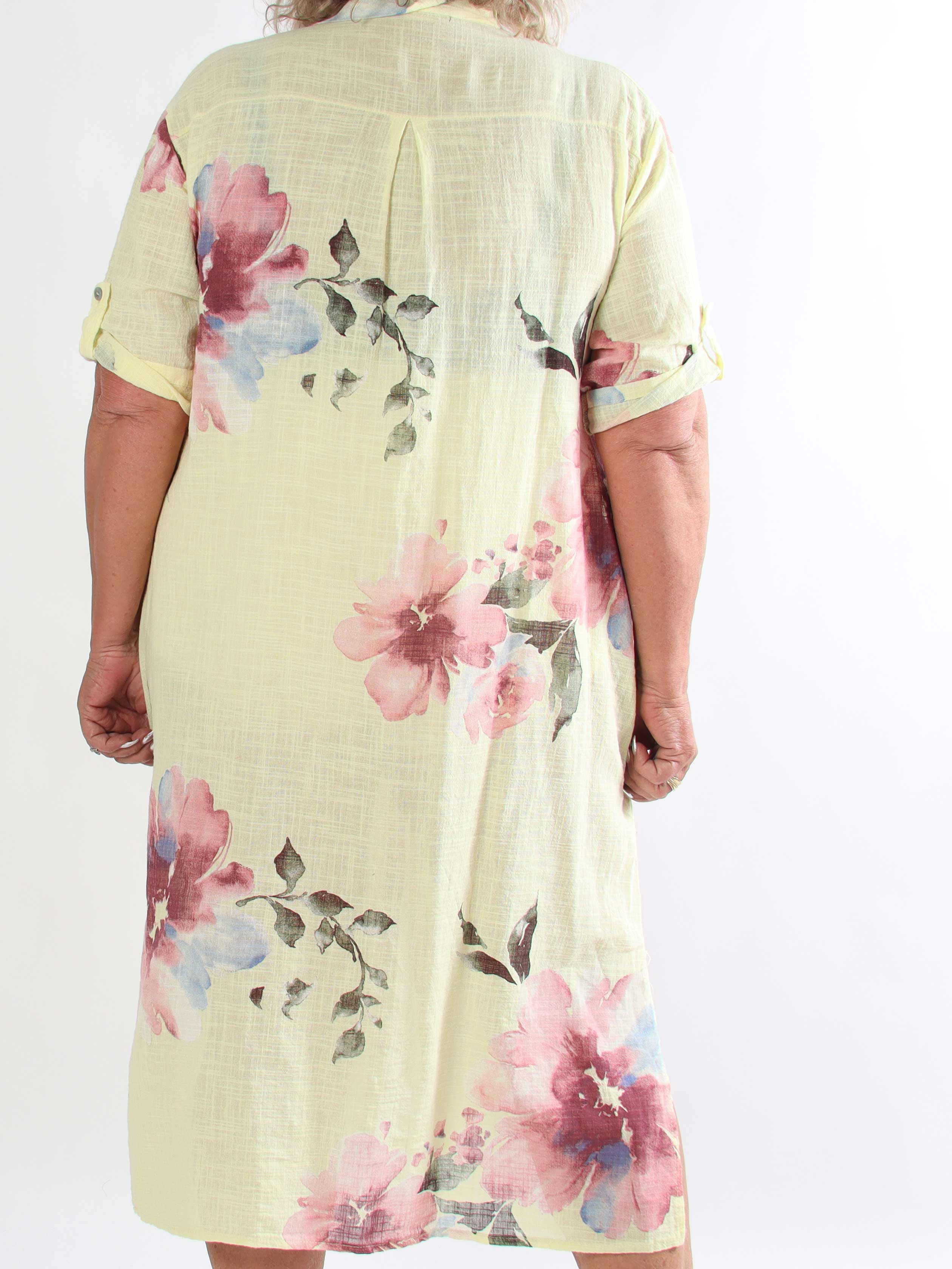 Maissa - Lang plus size skjortekjole i bomuld med blomsterprint