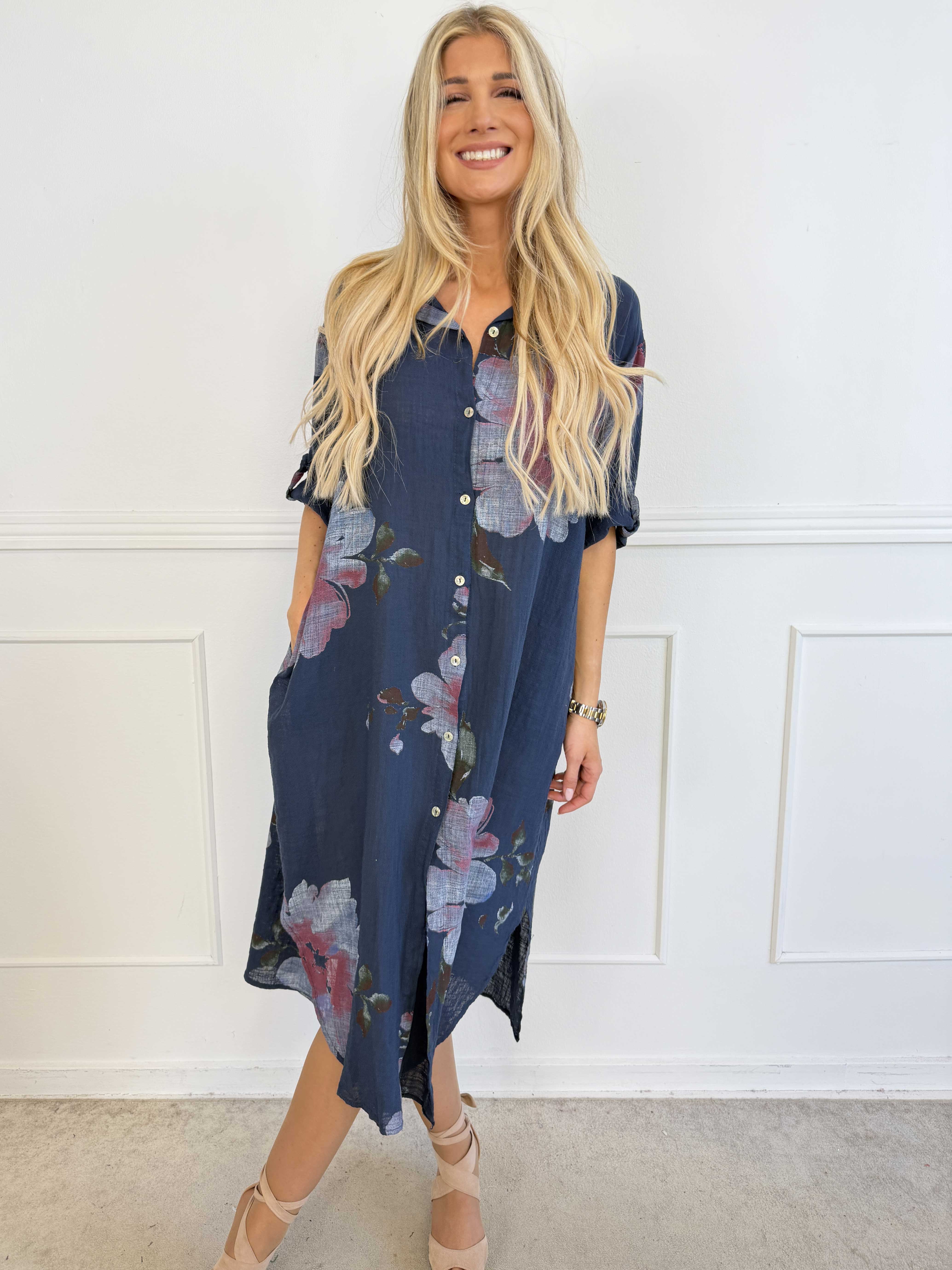 Maissa - Lang skjortekjole i bomuld med blomsterprint