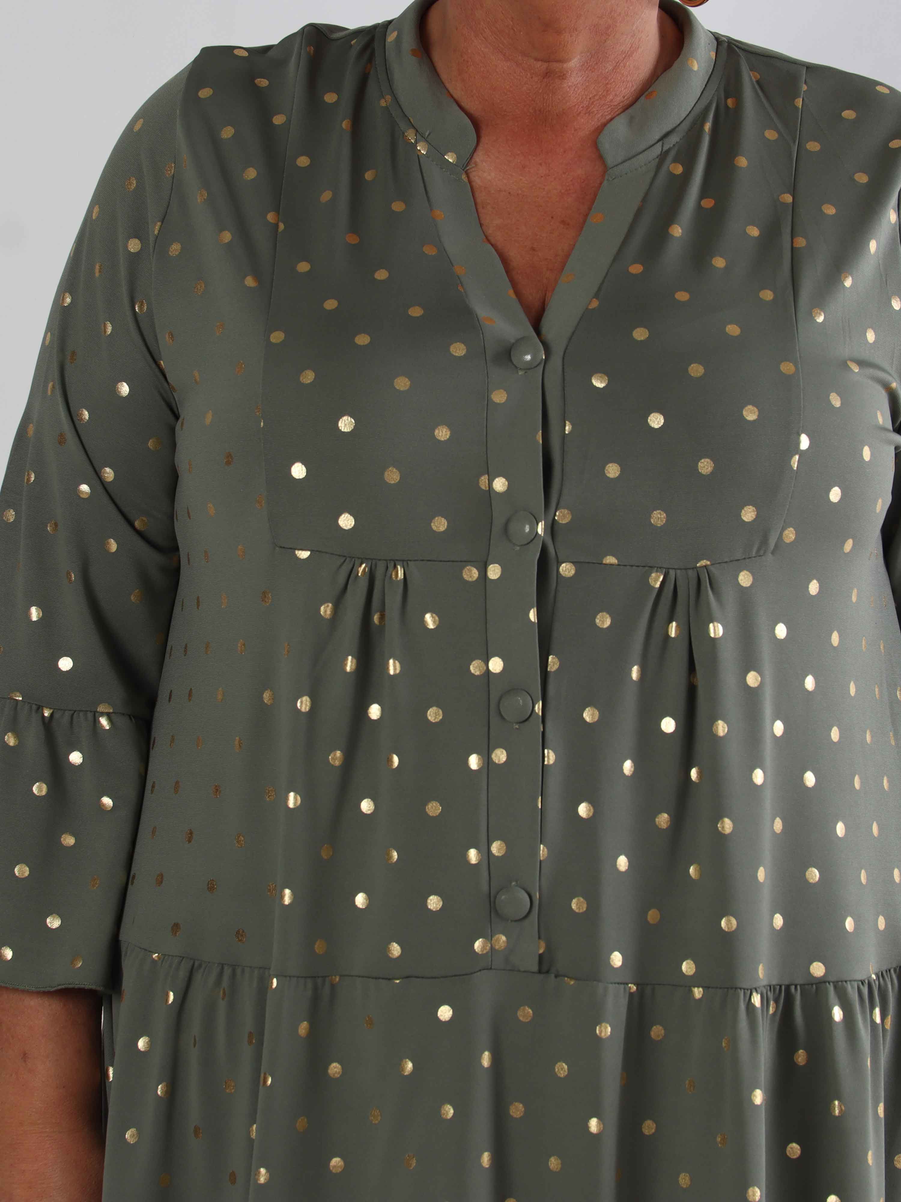 Milania Dot - Elastisk plus size klänning med guldprickar och volanglager