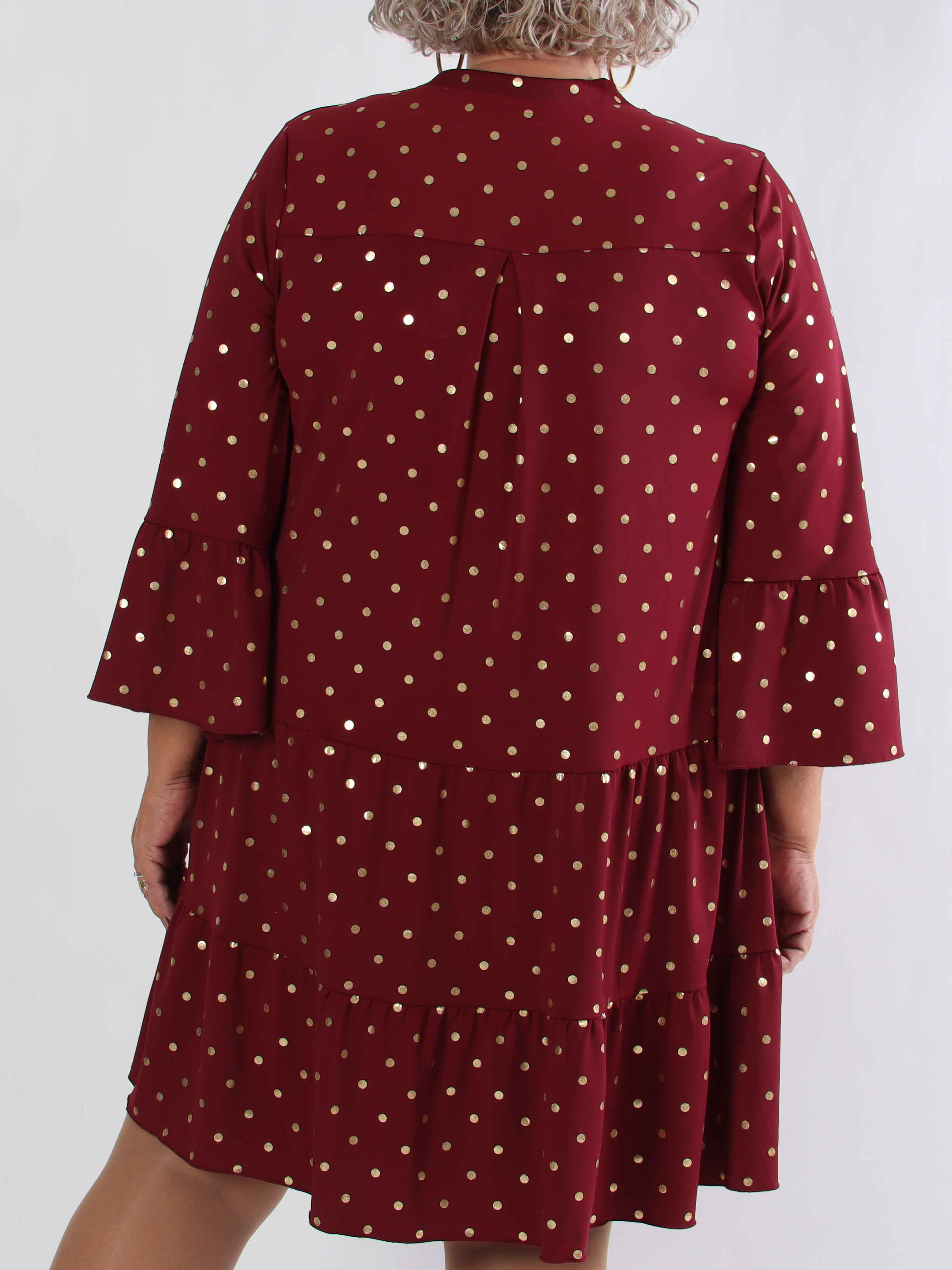 Milania Dot - Elastisk plus size klänning med guldprickar och volanglager