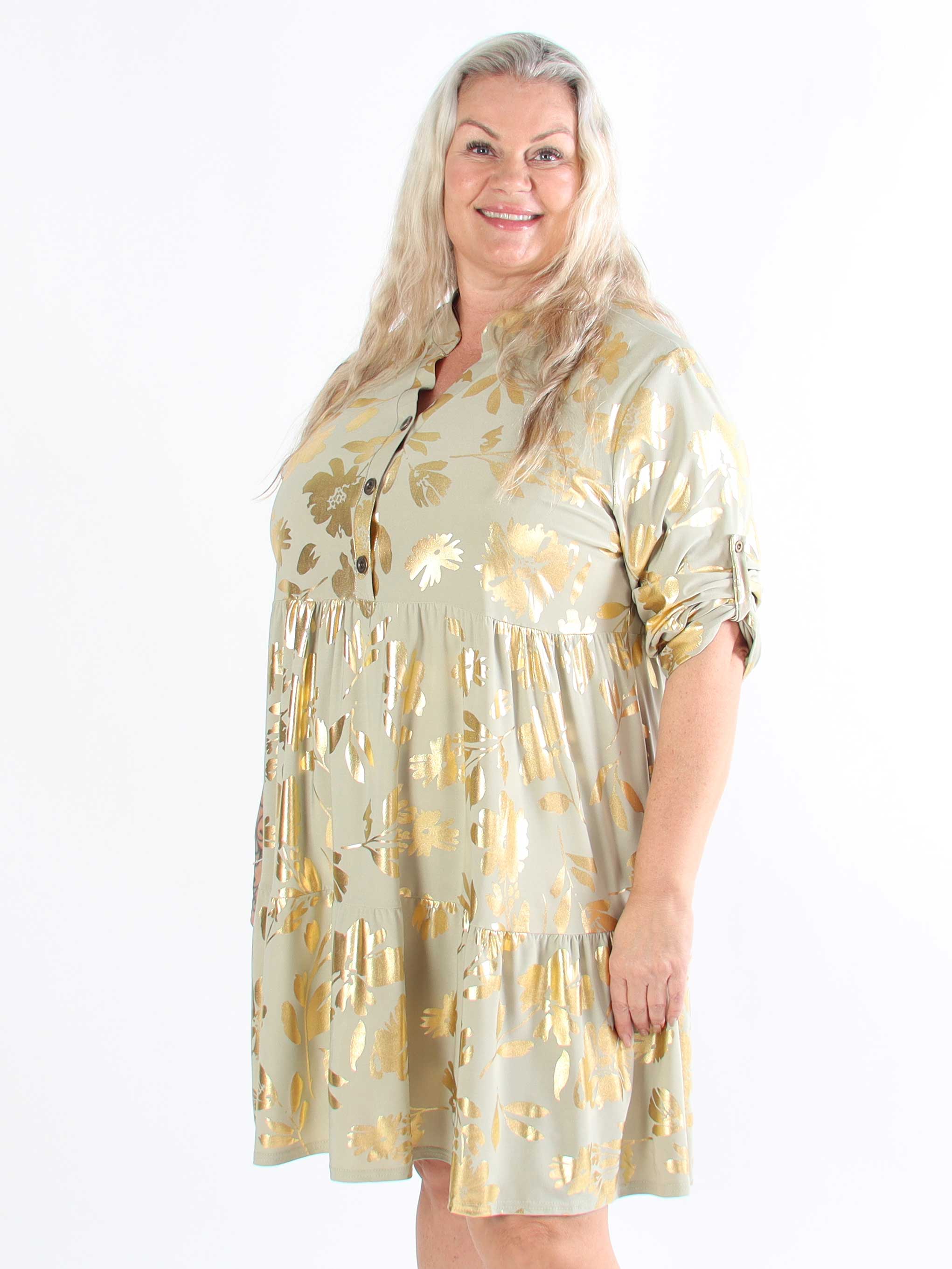 Milano Gold Flower Midi - Plus size-klänning med guldblad och lager-på-lager-look