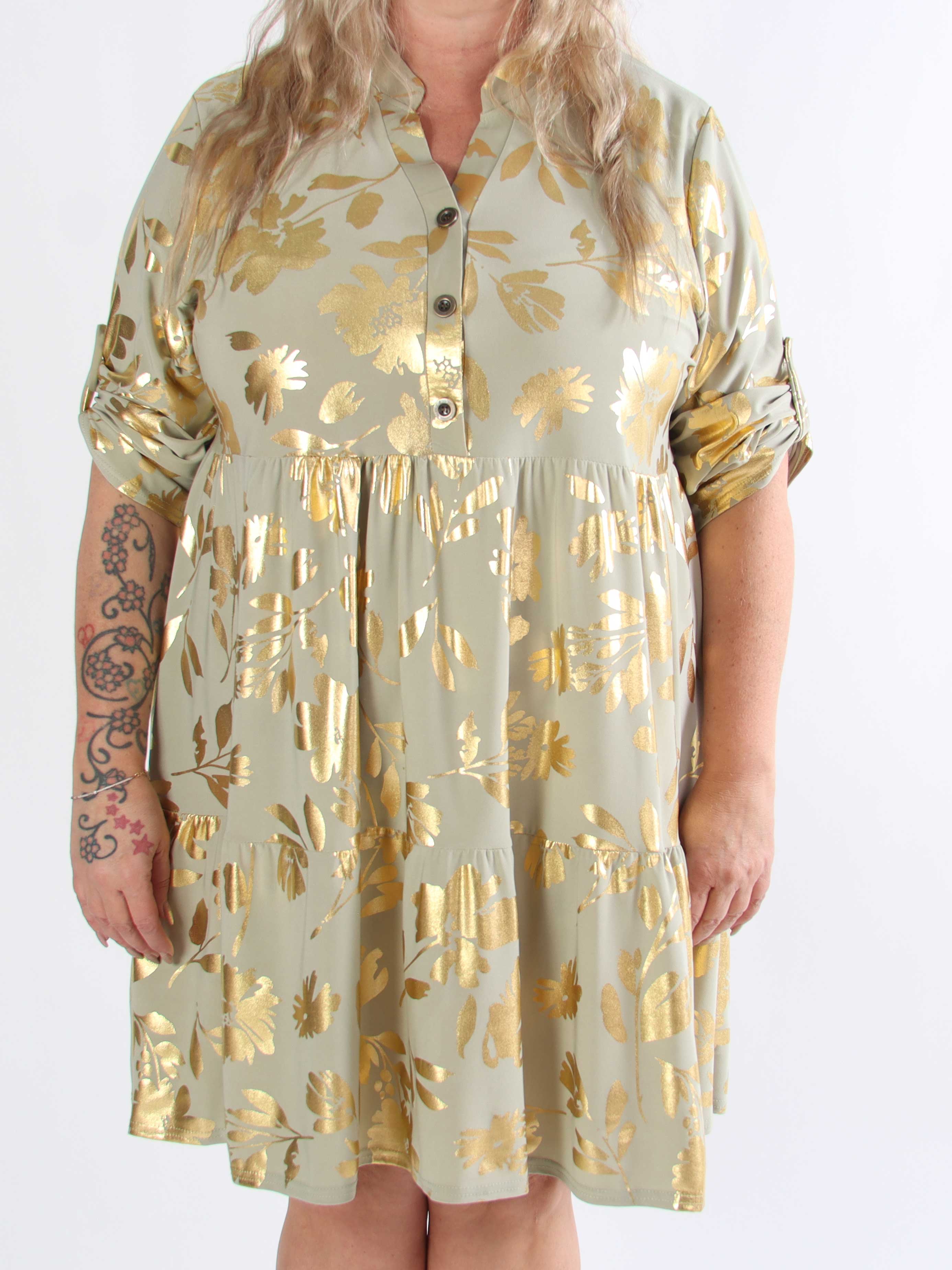 Milano Gold Flower Midi - Plus size-klänning med guldblad och lager-på-lager-look