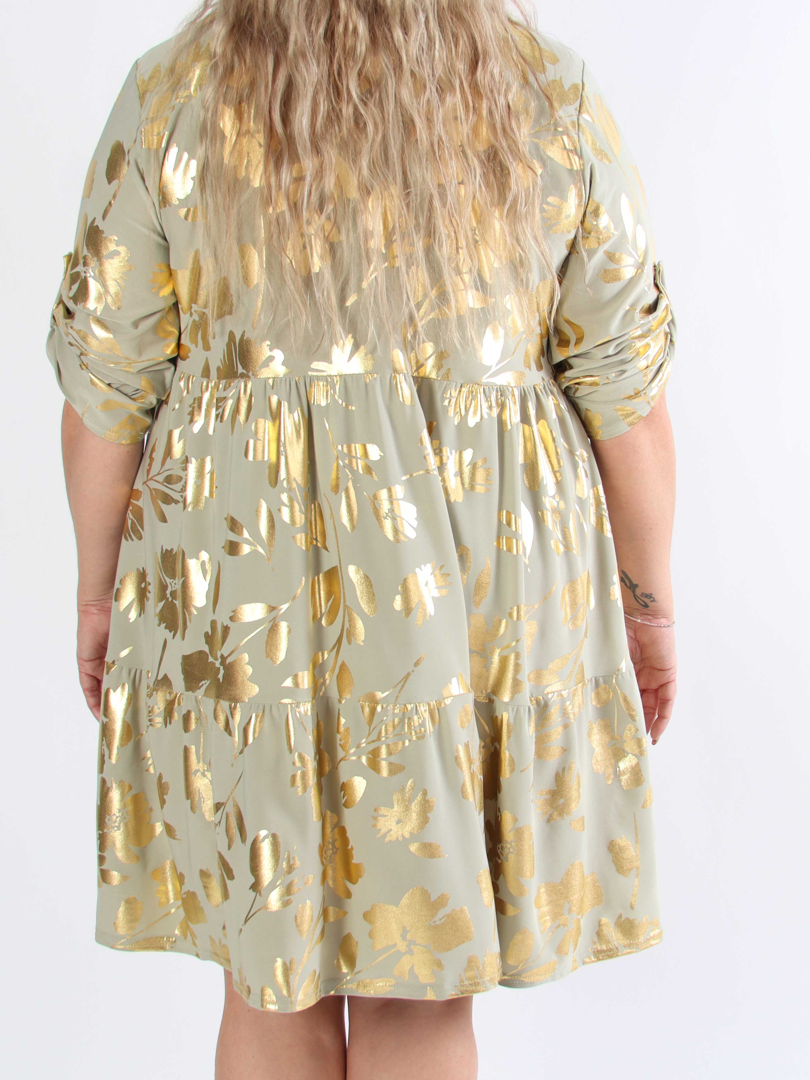 Milano Gold Flower Midi - Plus size-klänning med guldblad och lager-på-lager-look