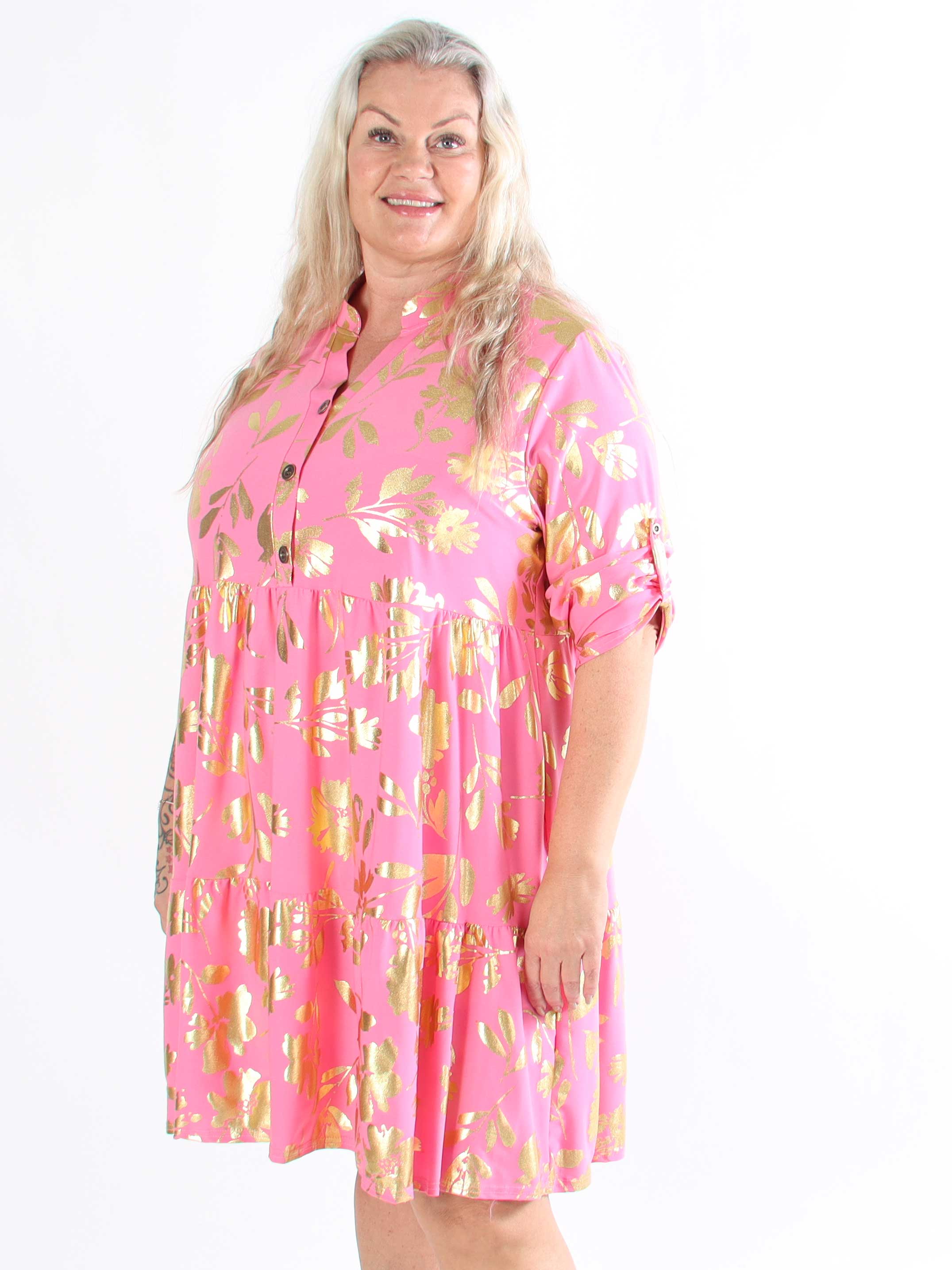 Milano Gold Flower Midi - Plus size-klänning med guldblad och lager-på-lager-look