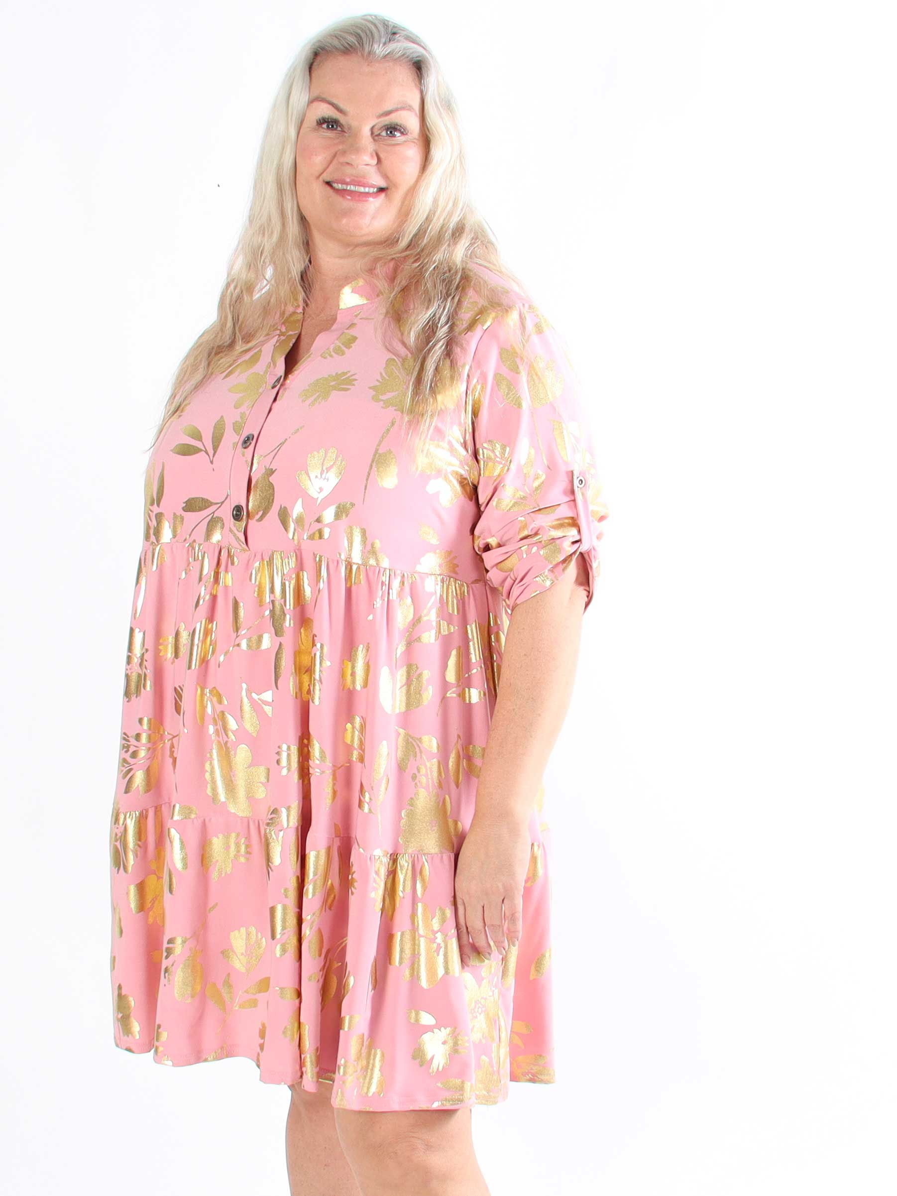 Milano Gold Flower Midi - Plus size-klänning med guldblad och lager-på-lager-look
