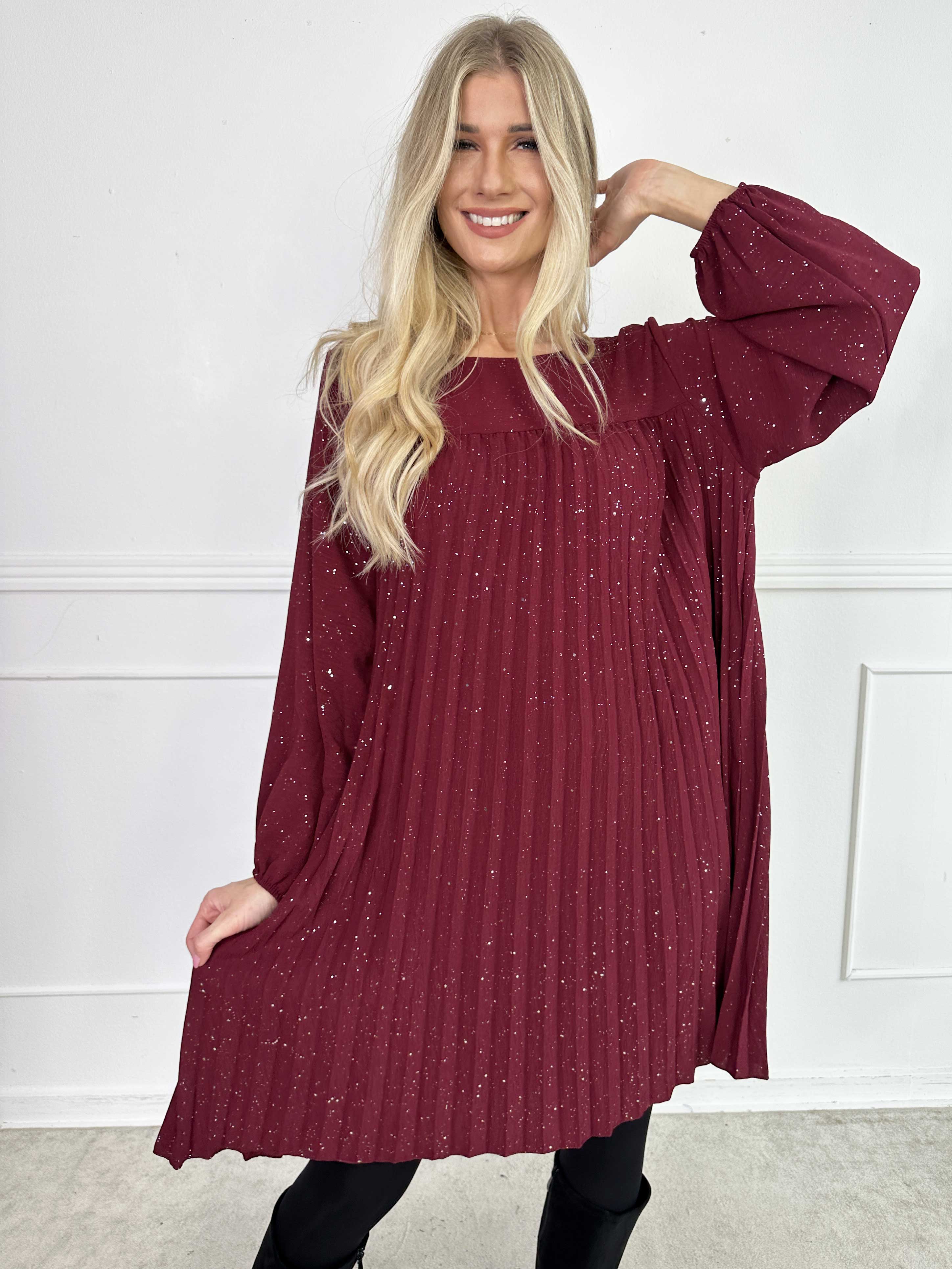 Nancy Glitter Short L/S - Plisserad klänning med fickor och glitter