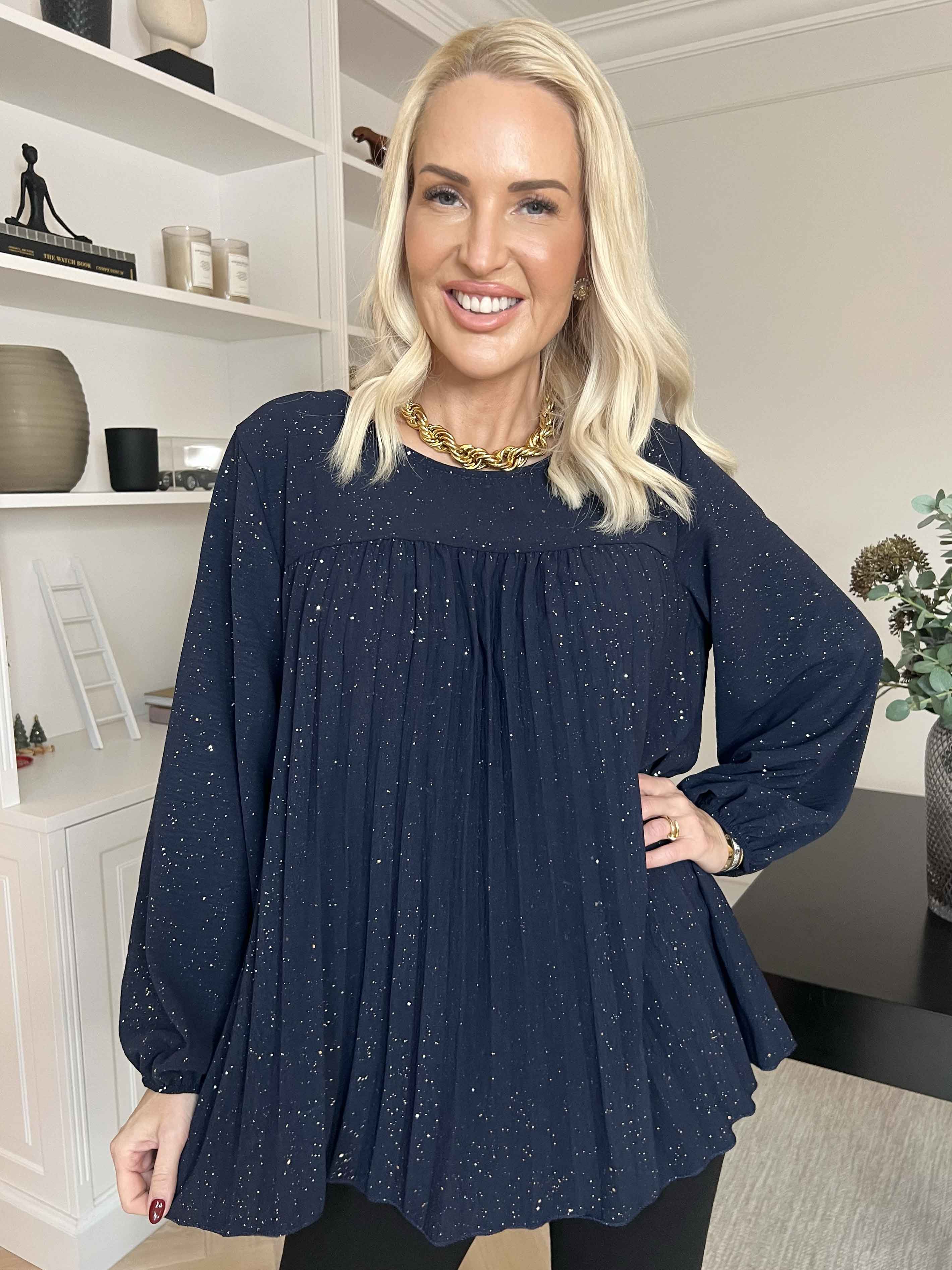 Nancy Glitter Shirt L/S - Plisserad blus med glitter