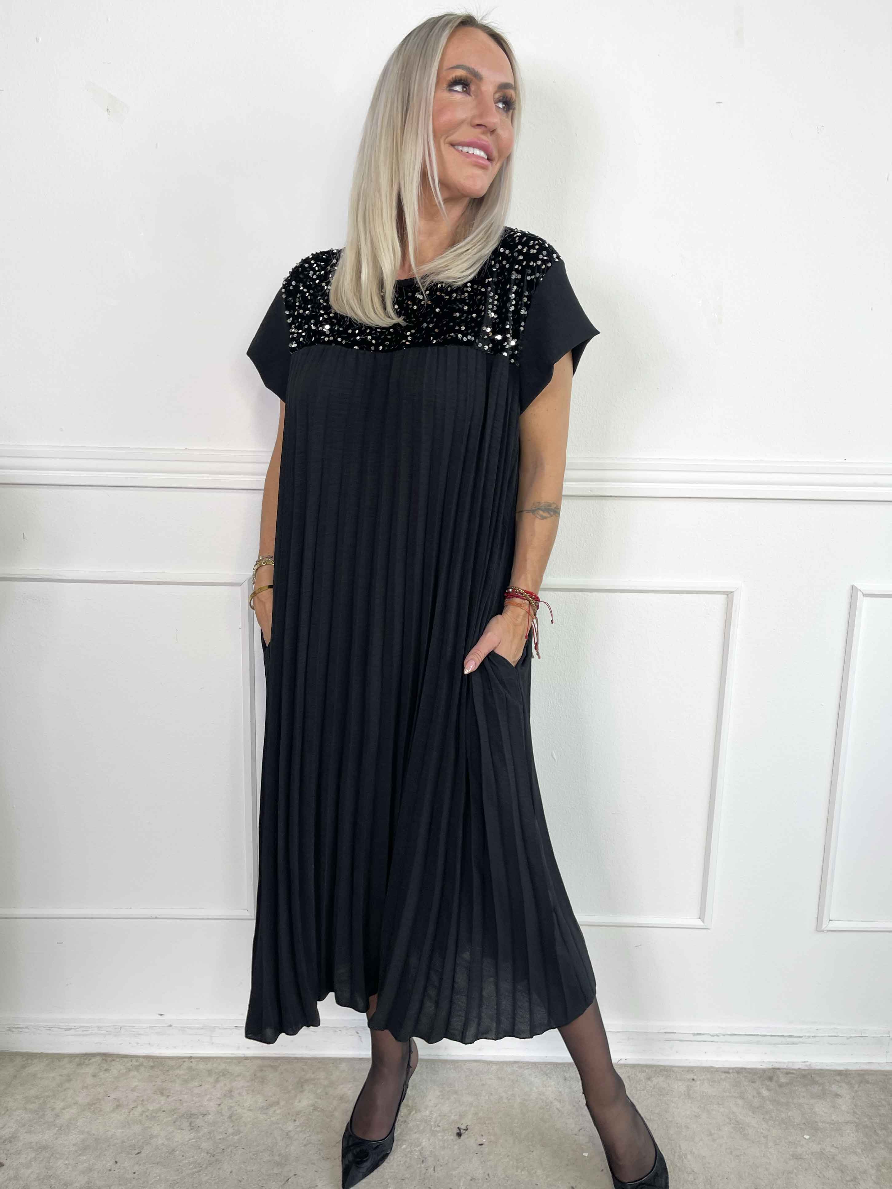 Nancy Party - Lång plisserad klänning med paljetter och velour