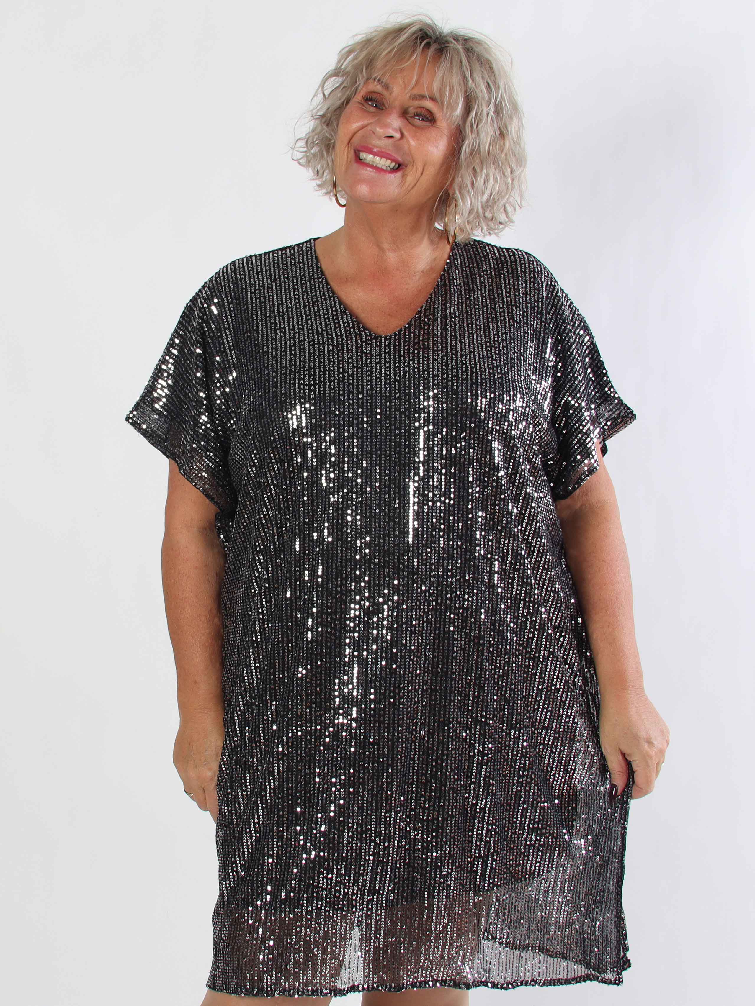 Norian - Festlig plus size tunikaklänning med paljetter och v-ringning