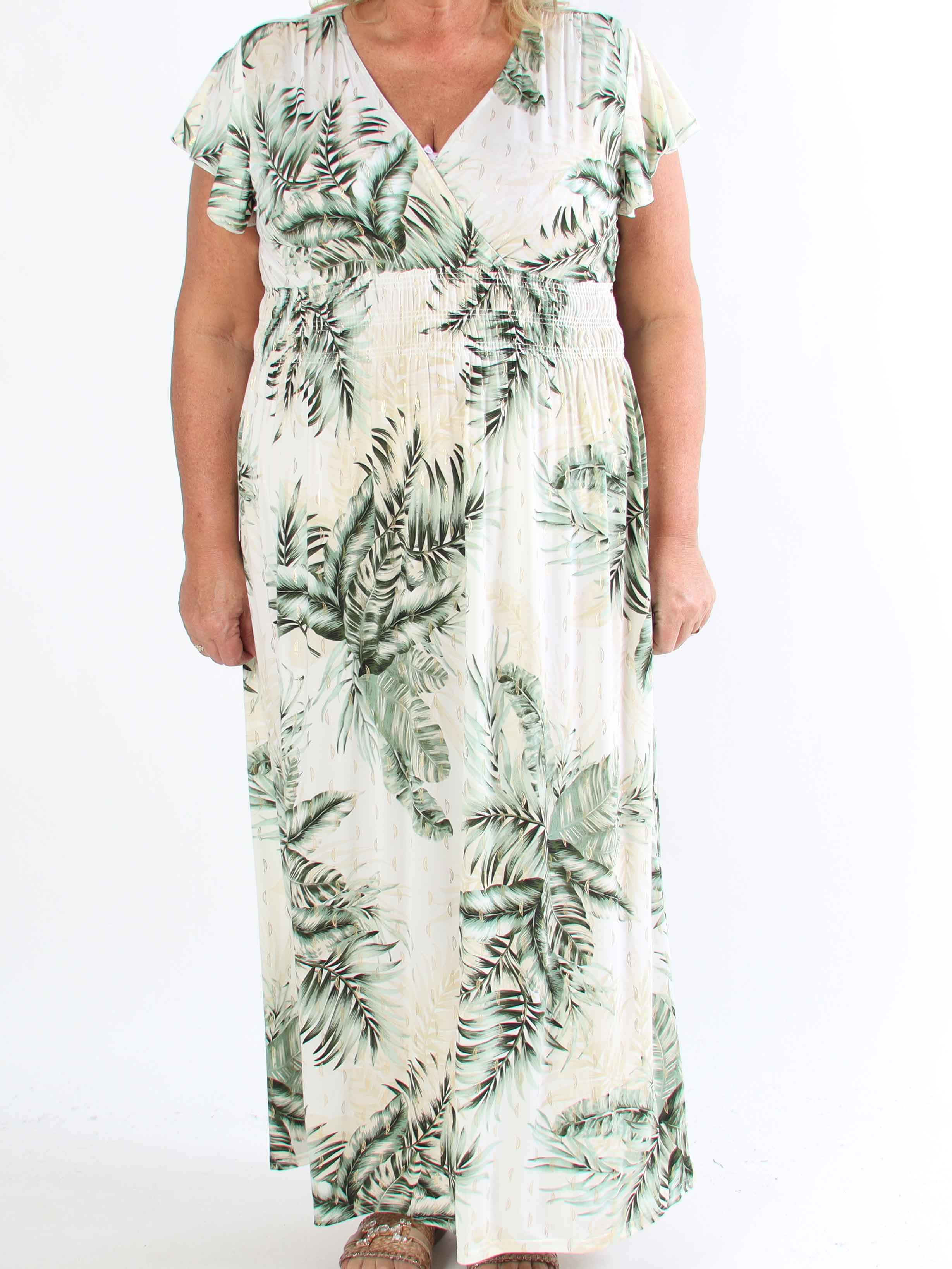 Palma - Elastisk klänning i plus size med blad och volangärmar