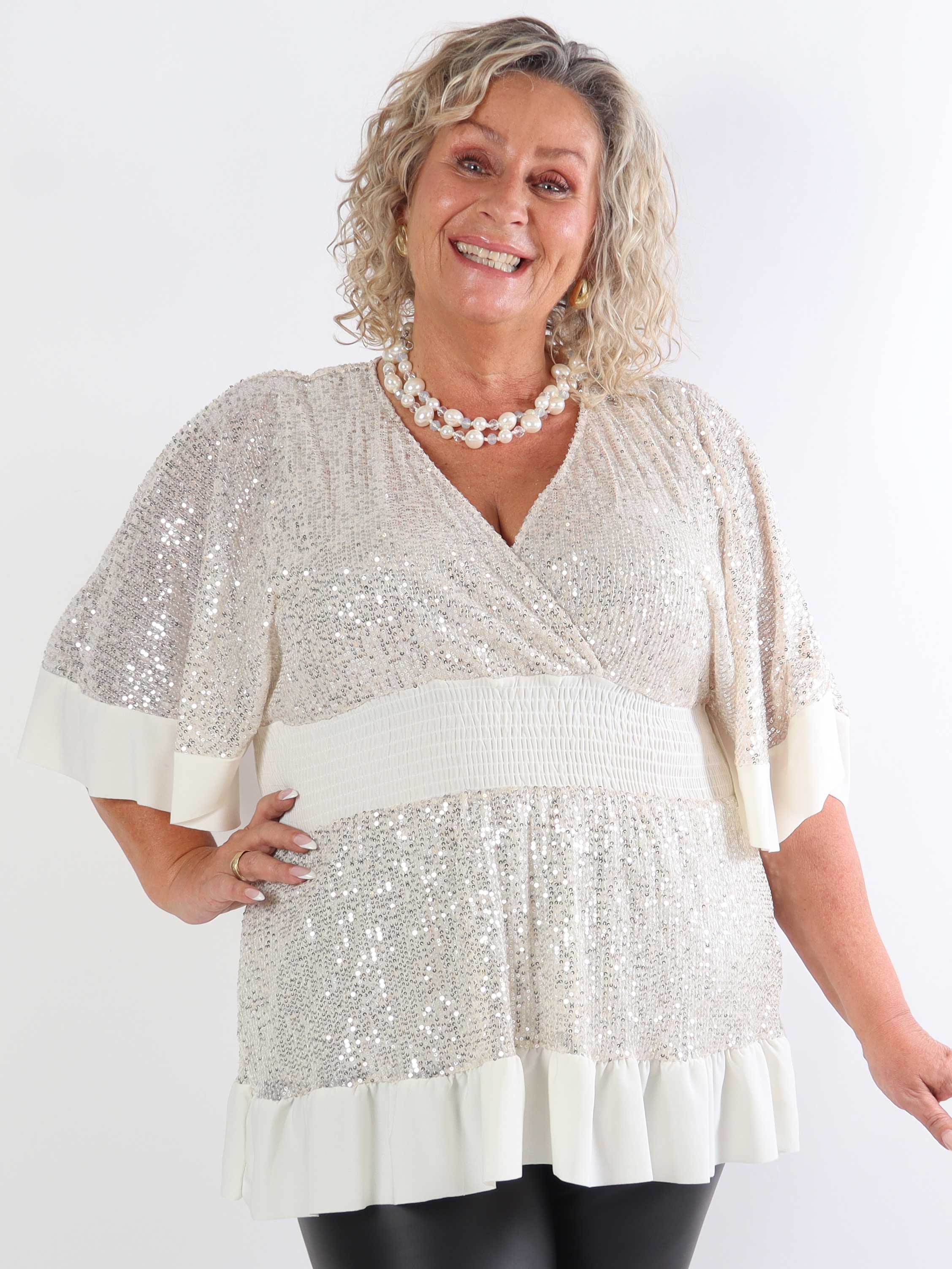 Pamela Glitter Shirt - Plus size paljett-tunika med smock och volanger