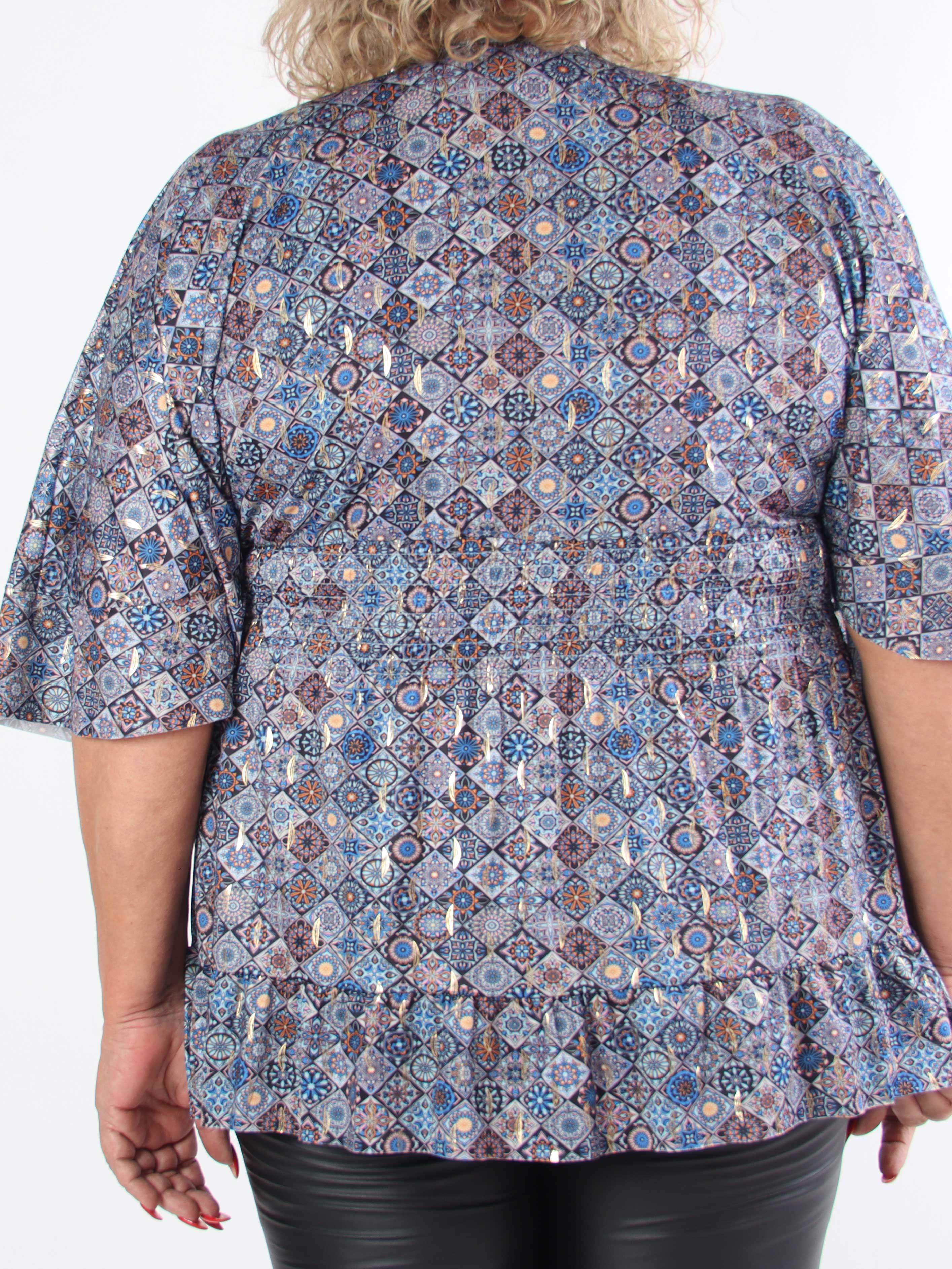Pamela Mosaic Shirt - Elastisk plus size tunika med smock och volanger
