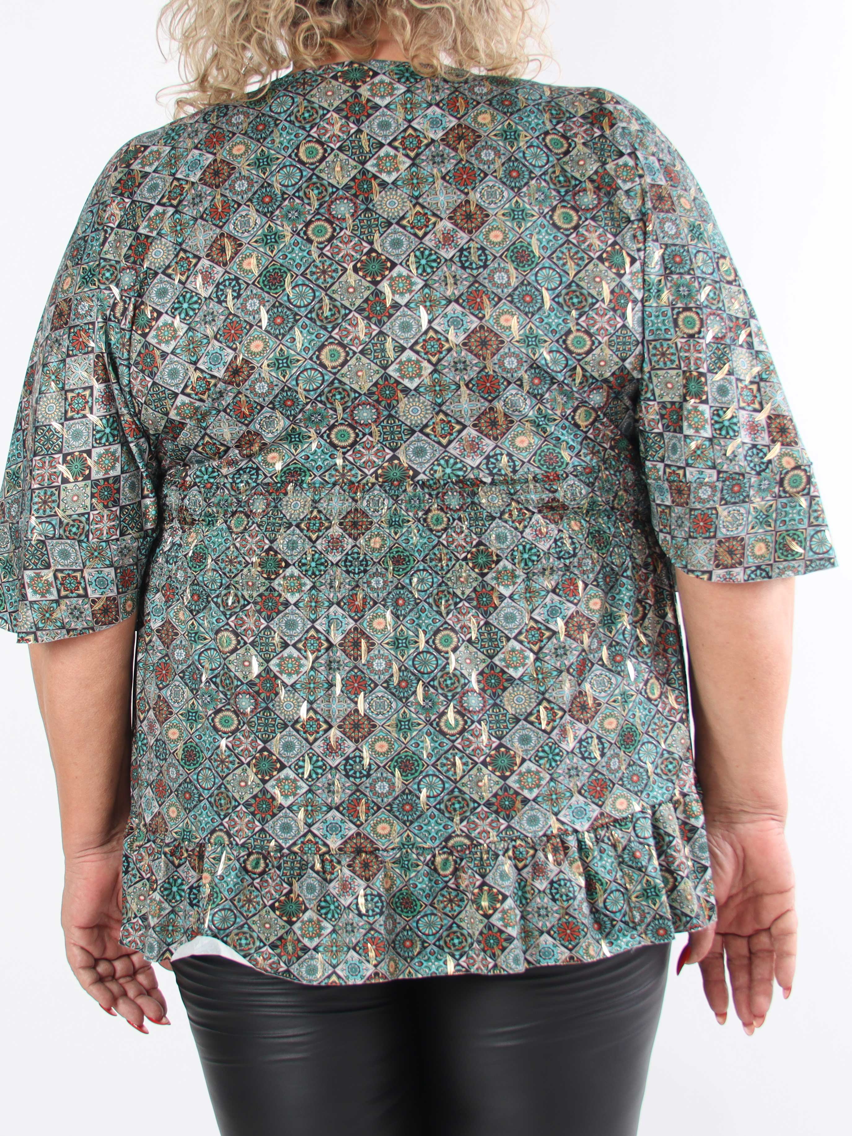 Pamela Mosaic Shirt - Elastisk plus size tunika med smock och volanger