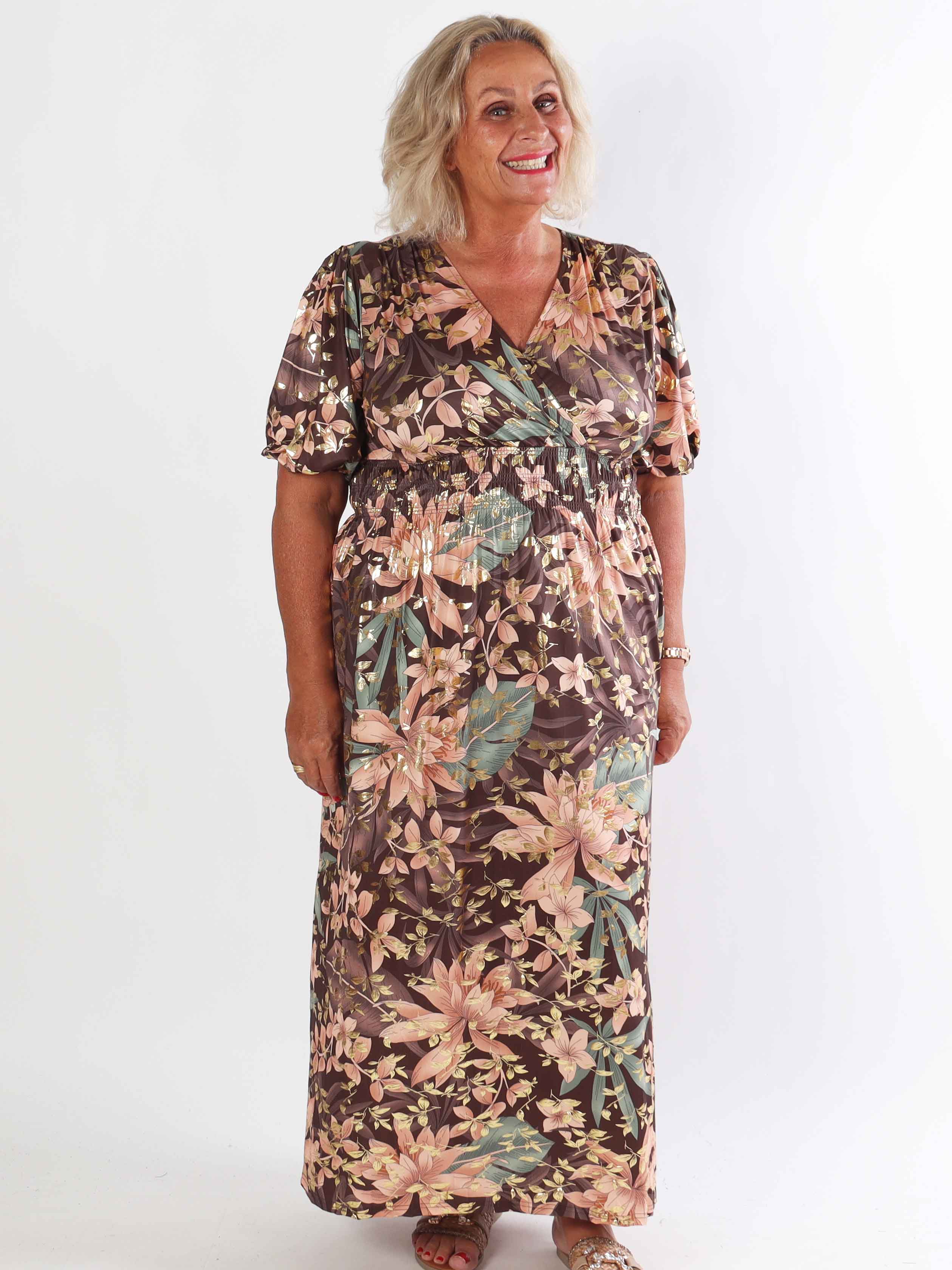 Pamina Leaf - Lång elastisk plus size klänning med bladmotiv