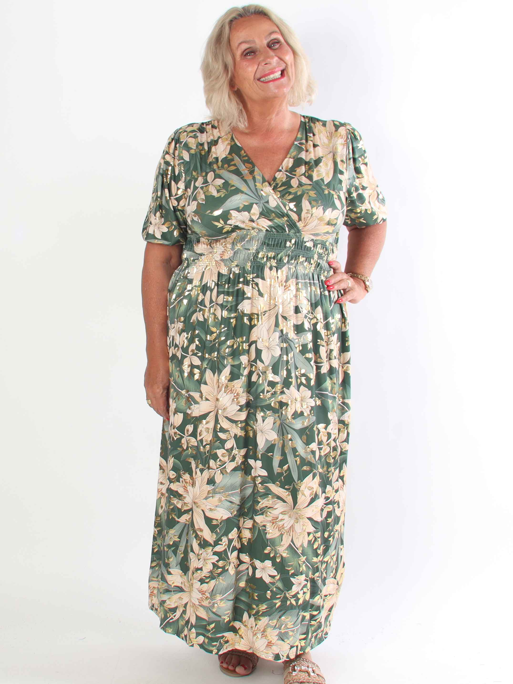 Pamina Leaf - Lång elastisk plus size klänning med bladmotiv