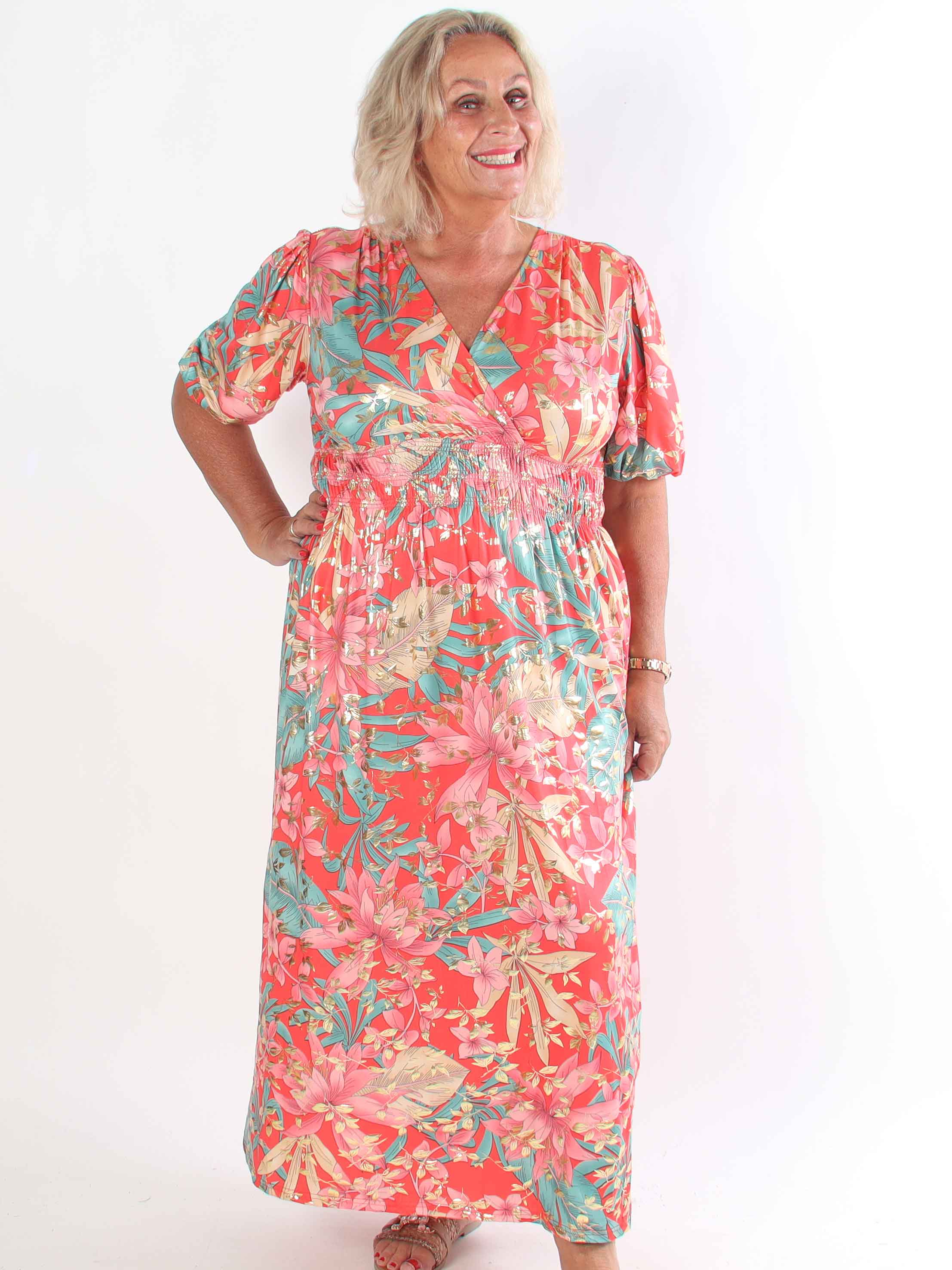 Pamina Leaf - Lång elastisk plus size klänning med bladmotiv
