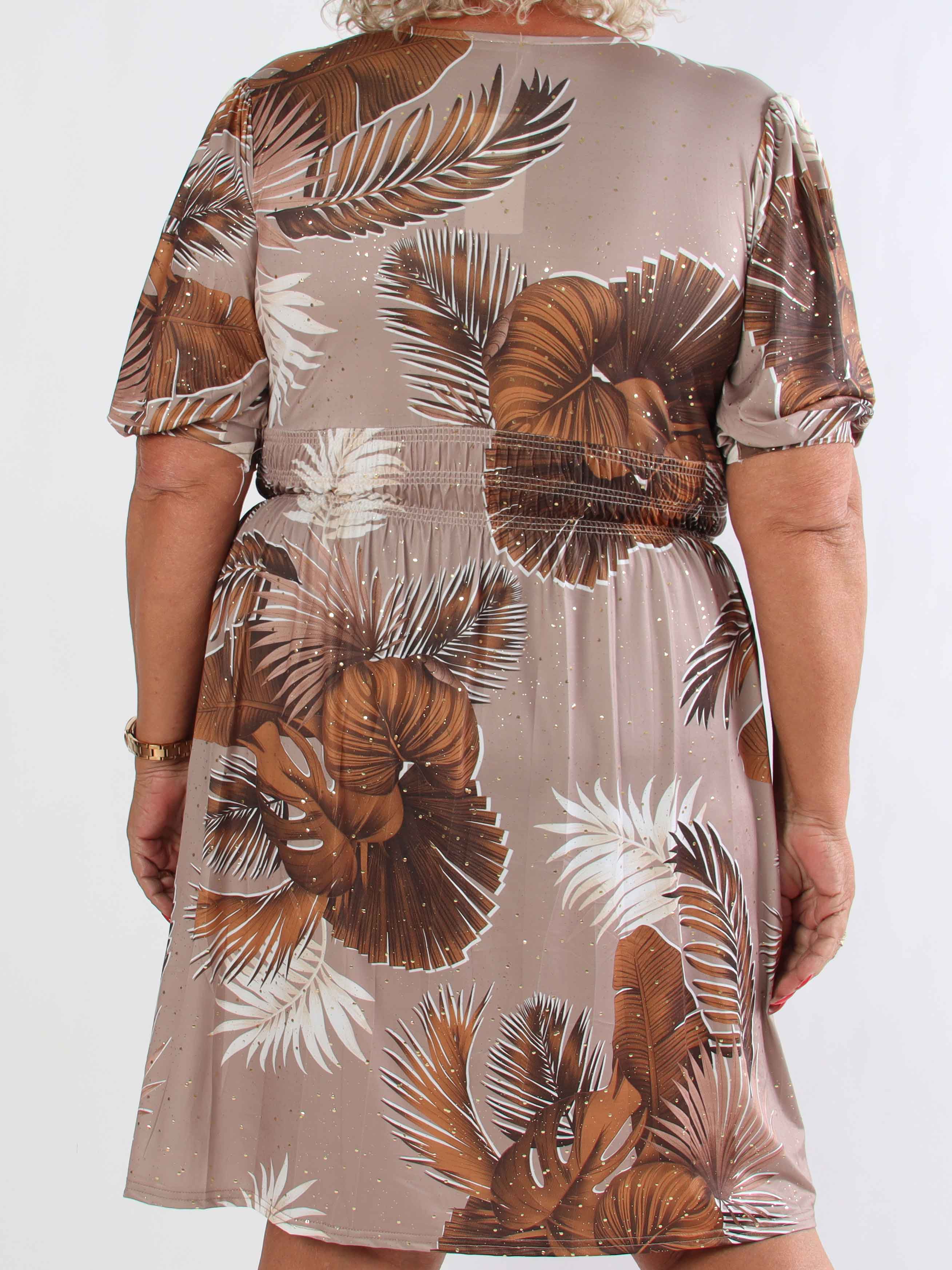 Pamina Palm Short - Elastisk plus size klänning med bladmotiv och gulddamm
