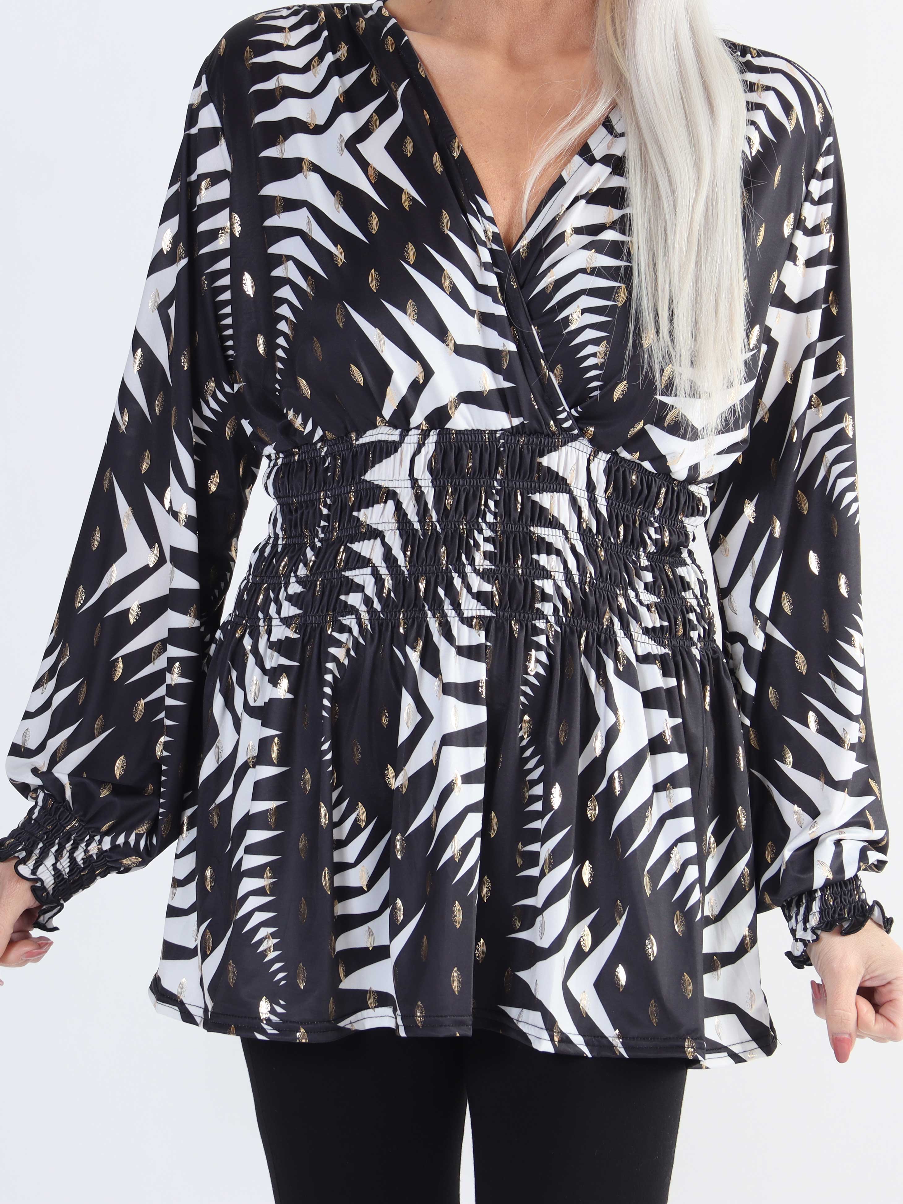 Pams Pattern Shirt L/S - Elastisk plus size blus i skrynkelfritt tyg