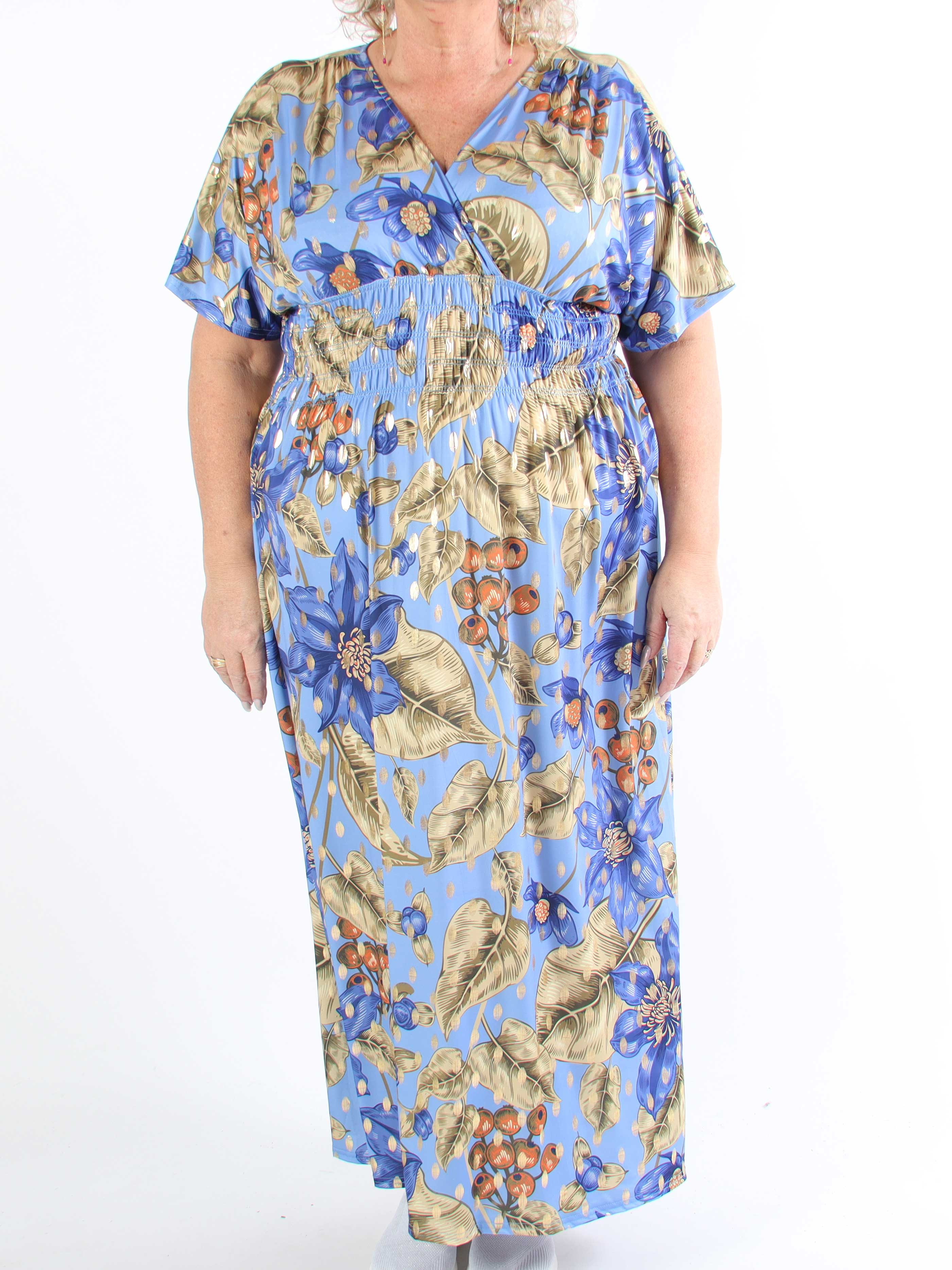 Pams Berry - Lång plus size-klänning med resår och smockad midja