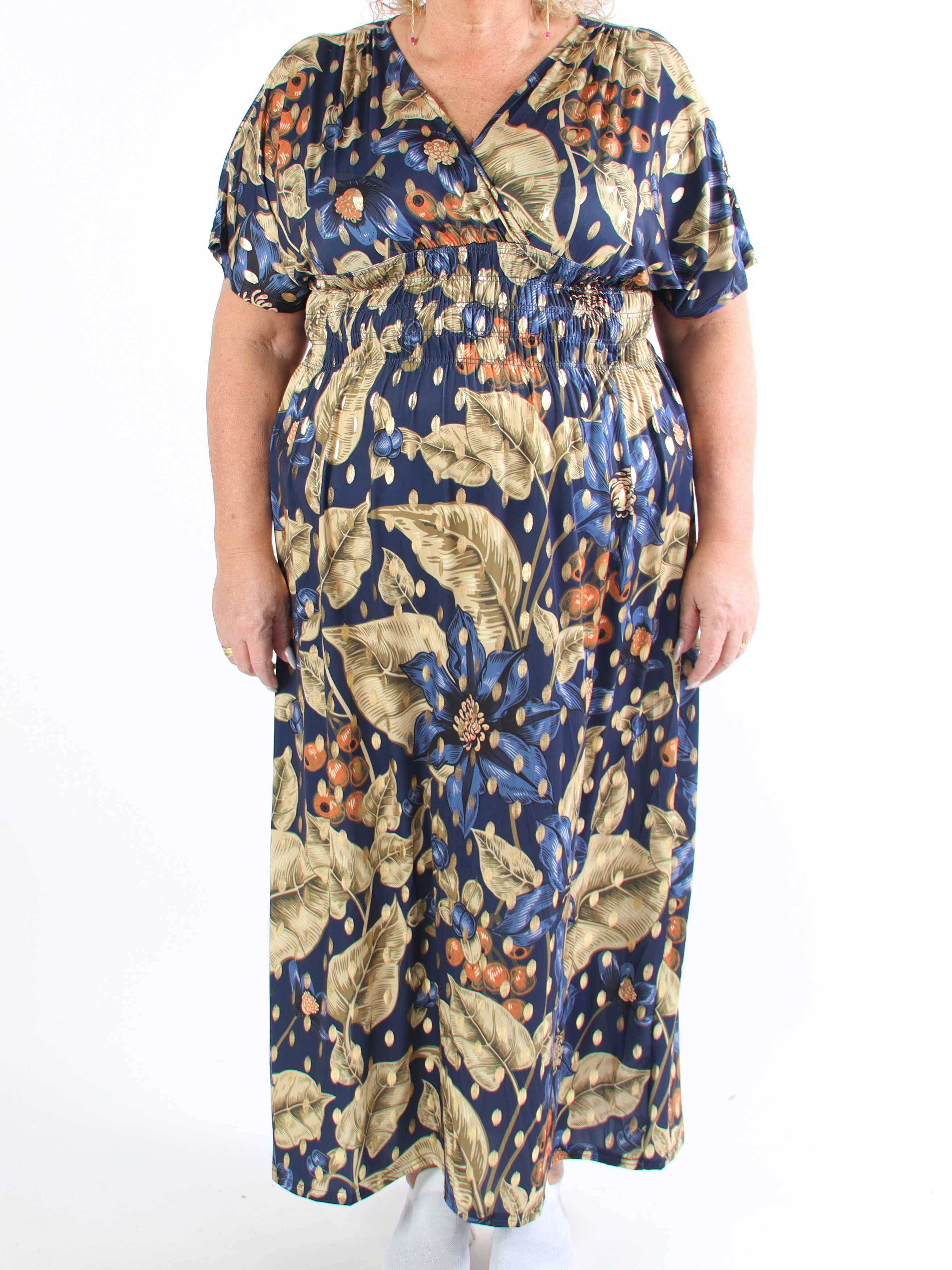 Pams Berry - Lång plus size-klänning med resår och smockad midja