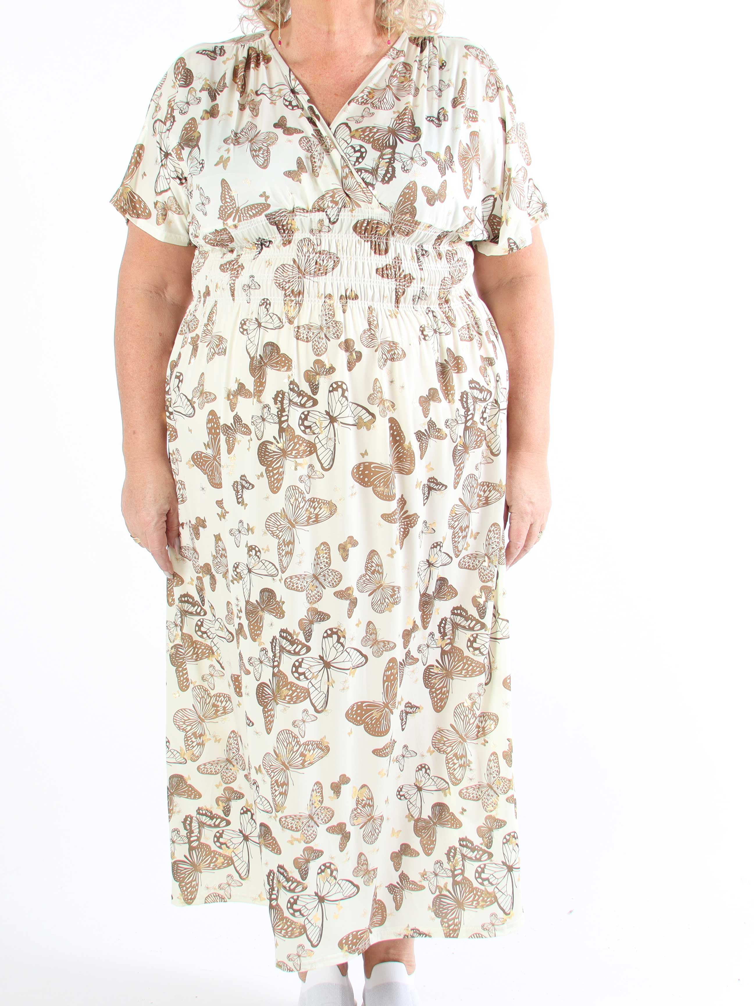 Pams Butterfly - Lång elastisk plus size-klänning med smockad midja