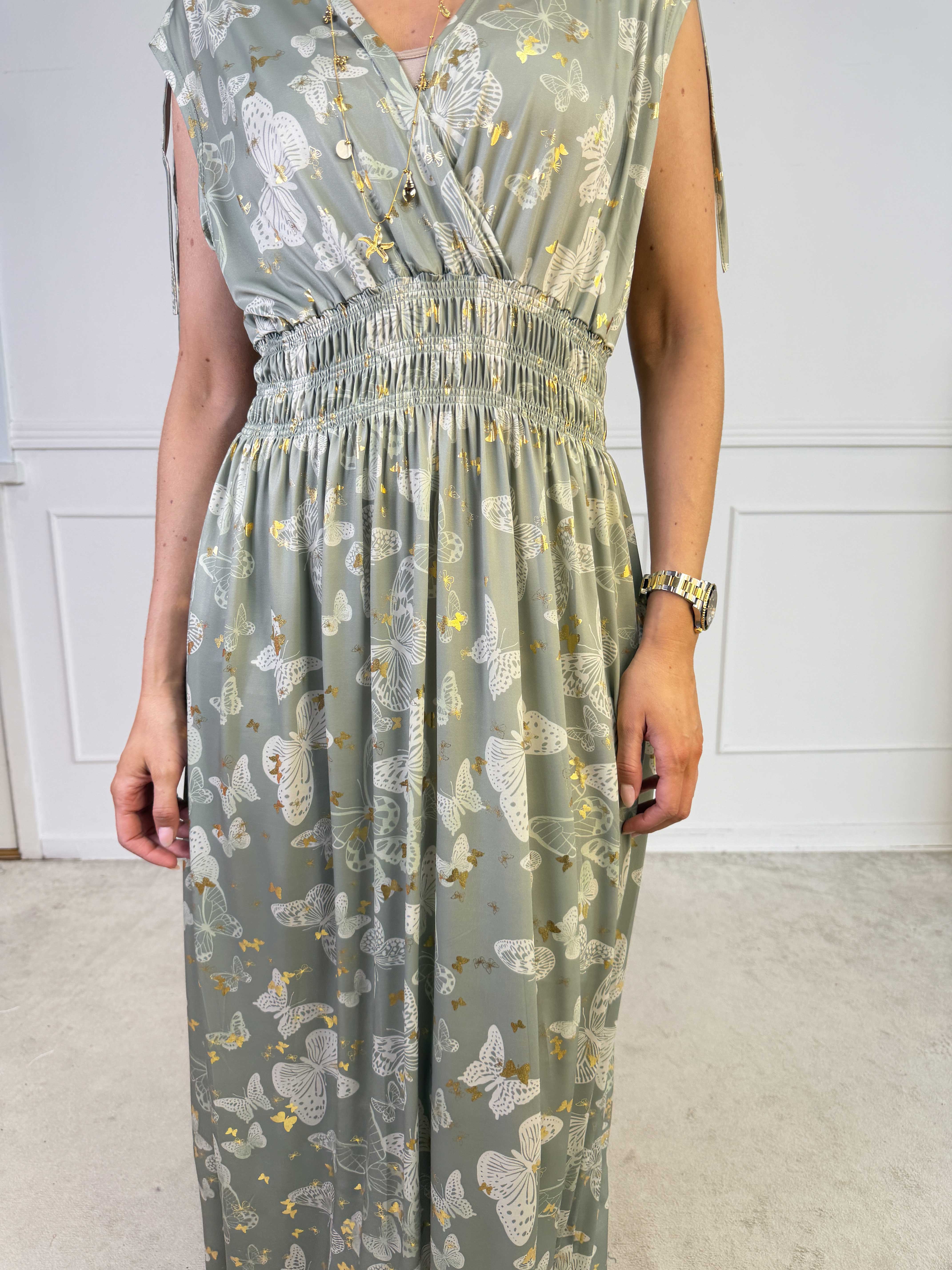 Pams Butterfly Sleeveless - Lang elastisk kjole med sommerfugleprint og gulddetaljer