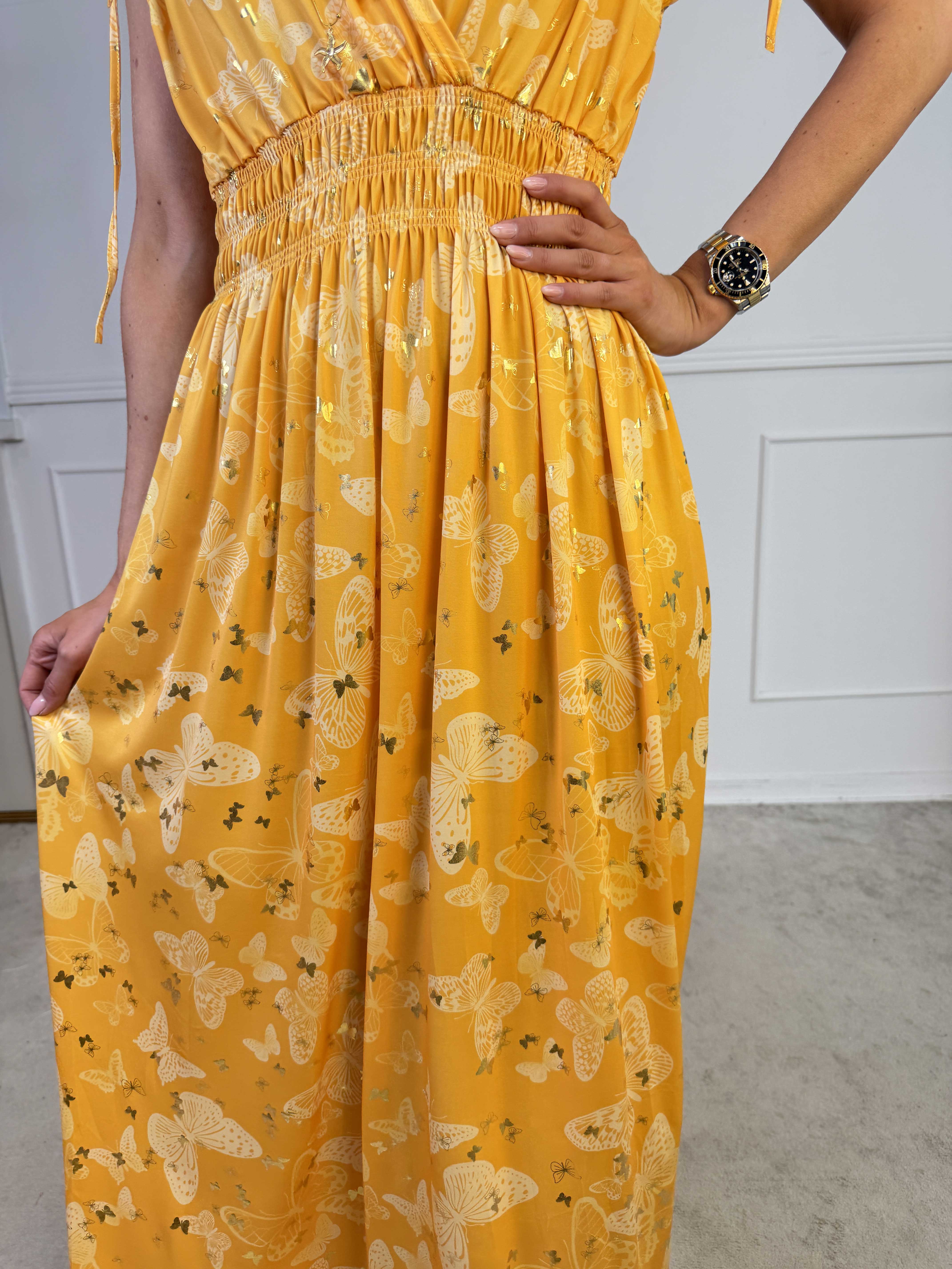 Pams Butterfly Sleeveless - Lang elastisk kjole med sommerfugleprint og gulddetaljer